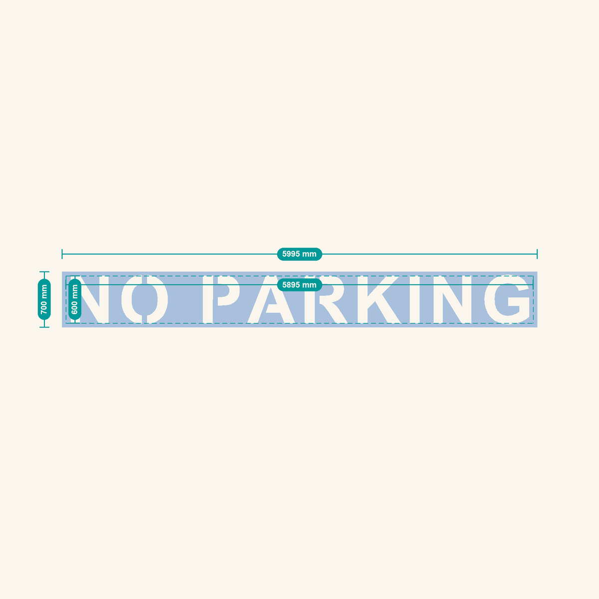 NO PARKING stencil, 600 mm letters — finished sheet 5995 × 700 mm