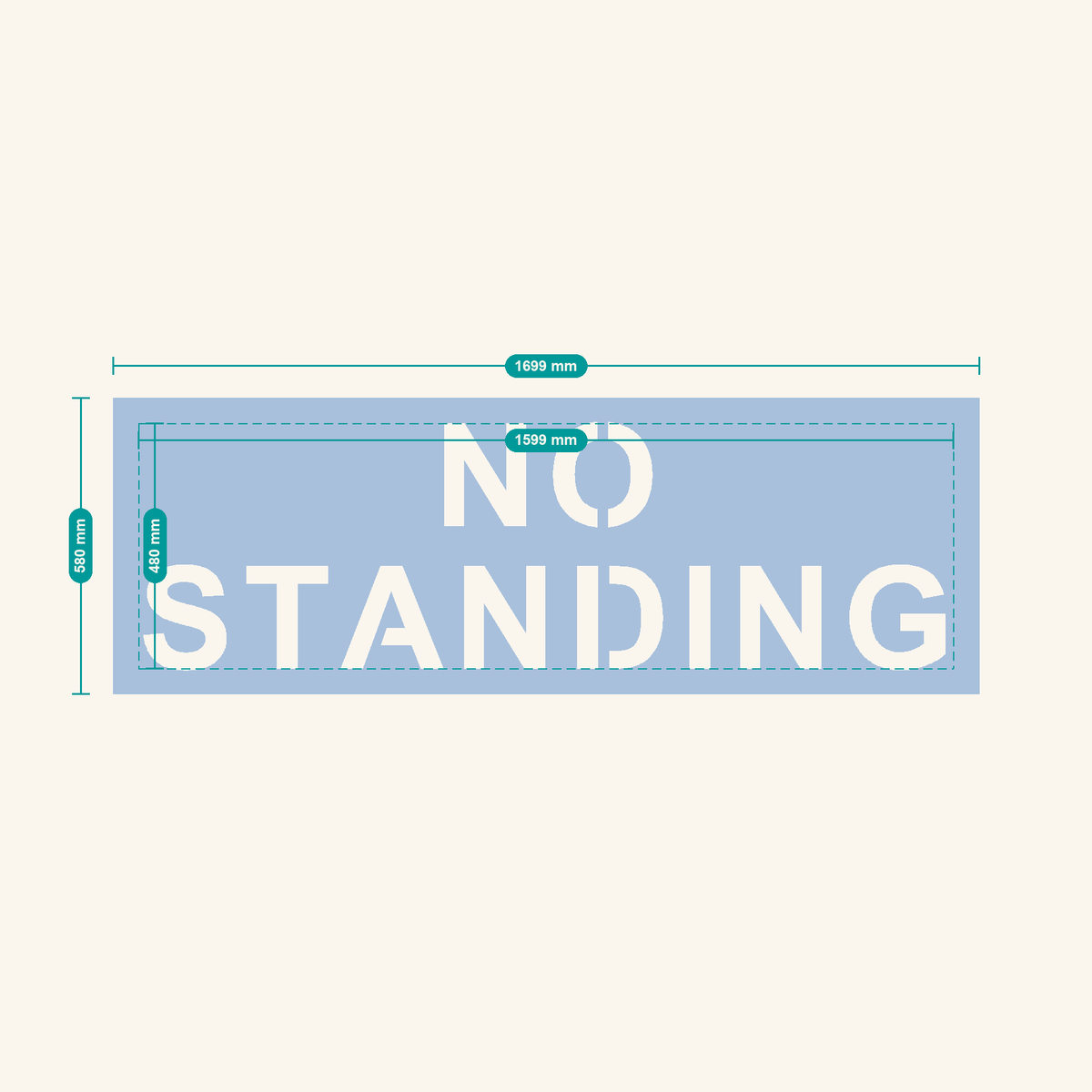 NO STANDING stencil, 200 mm letters — finished sheet 1699 × 580 mm