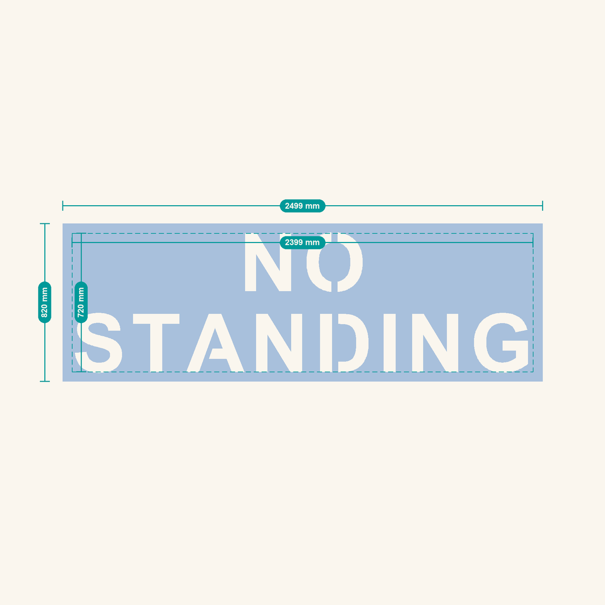 NO STANDING stencil, 300 mm letters — finished sheet 2499 × 820 mm