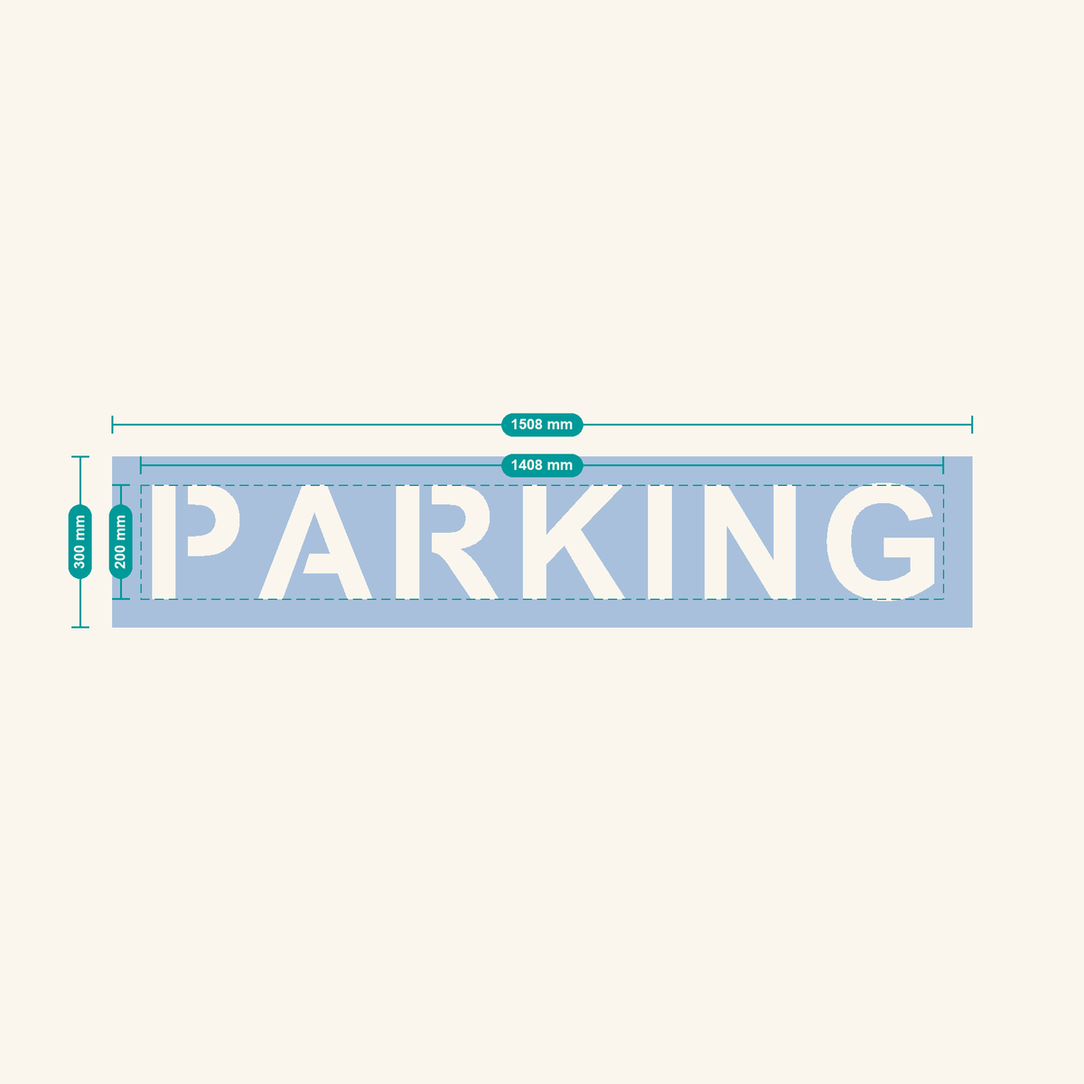 PARKING stencil, 200 mm letters — finished sheet 1508 × 300 mm