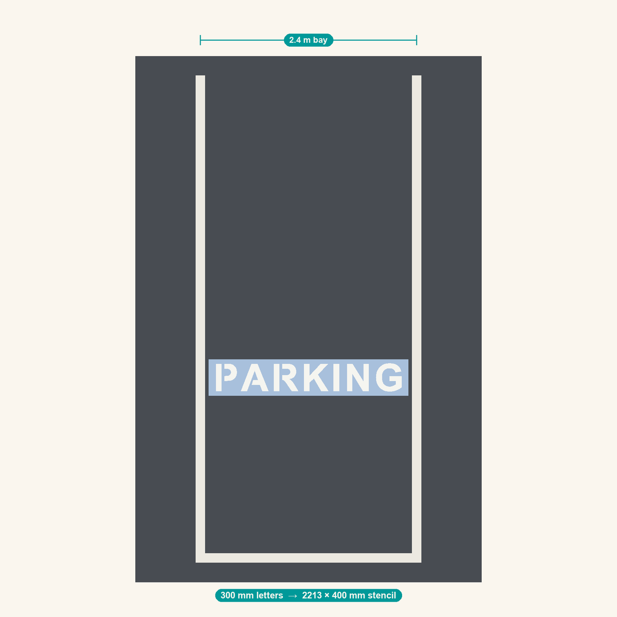 PARKING stencil at 300 mm letters shown to scale in a standard 2.4 m car park bay