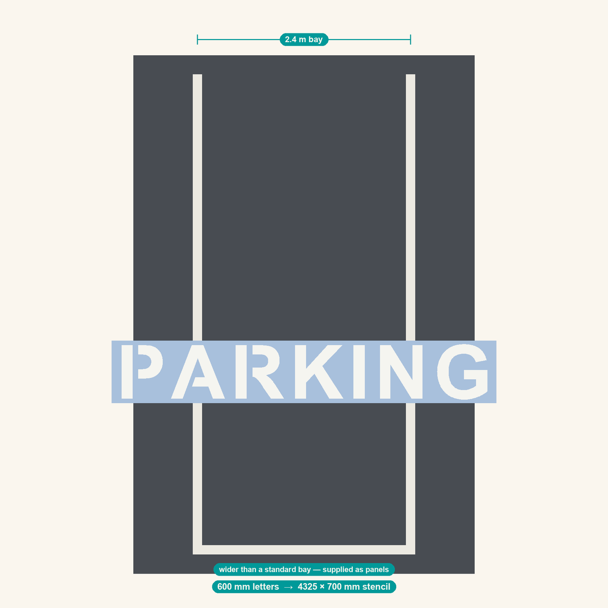 PARKING stencil at 600 mm letters shown to scale in a standard 2.4 m car park bay
