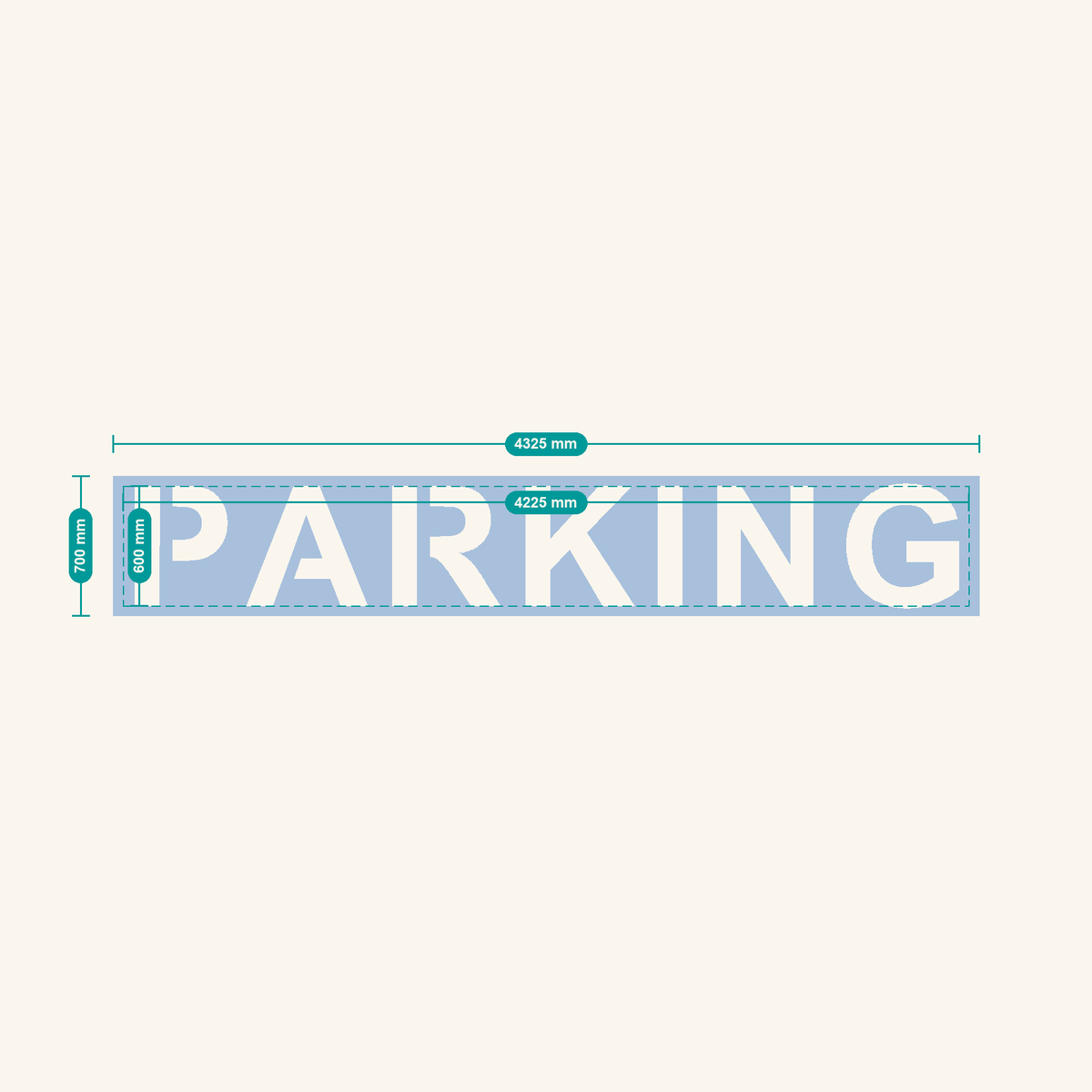 PARKING stencil, 600 mm letters — finished sheet 4325 × 700 mm