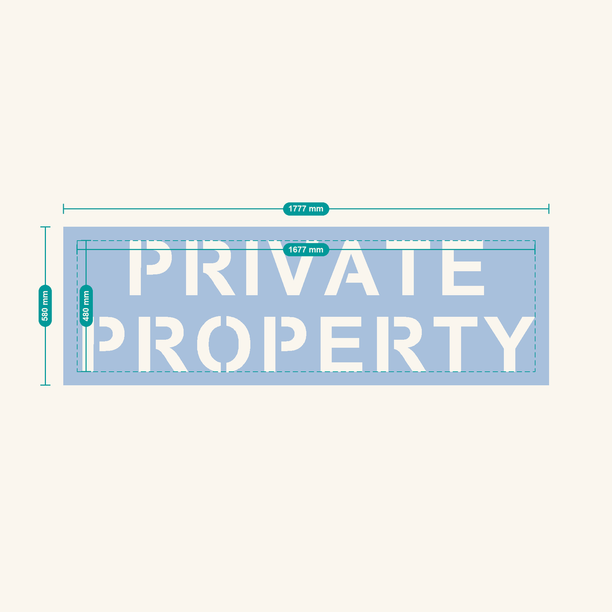 PRIVATE PROPERTY stencil, 200 mm letters — finished sheet 1777 × 580 mm