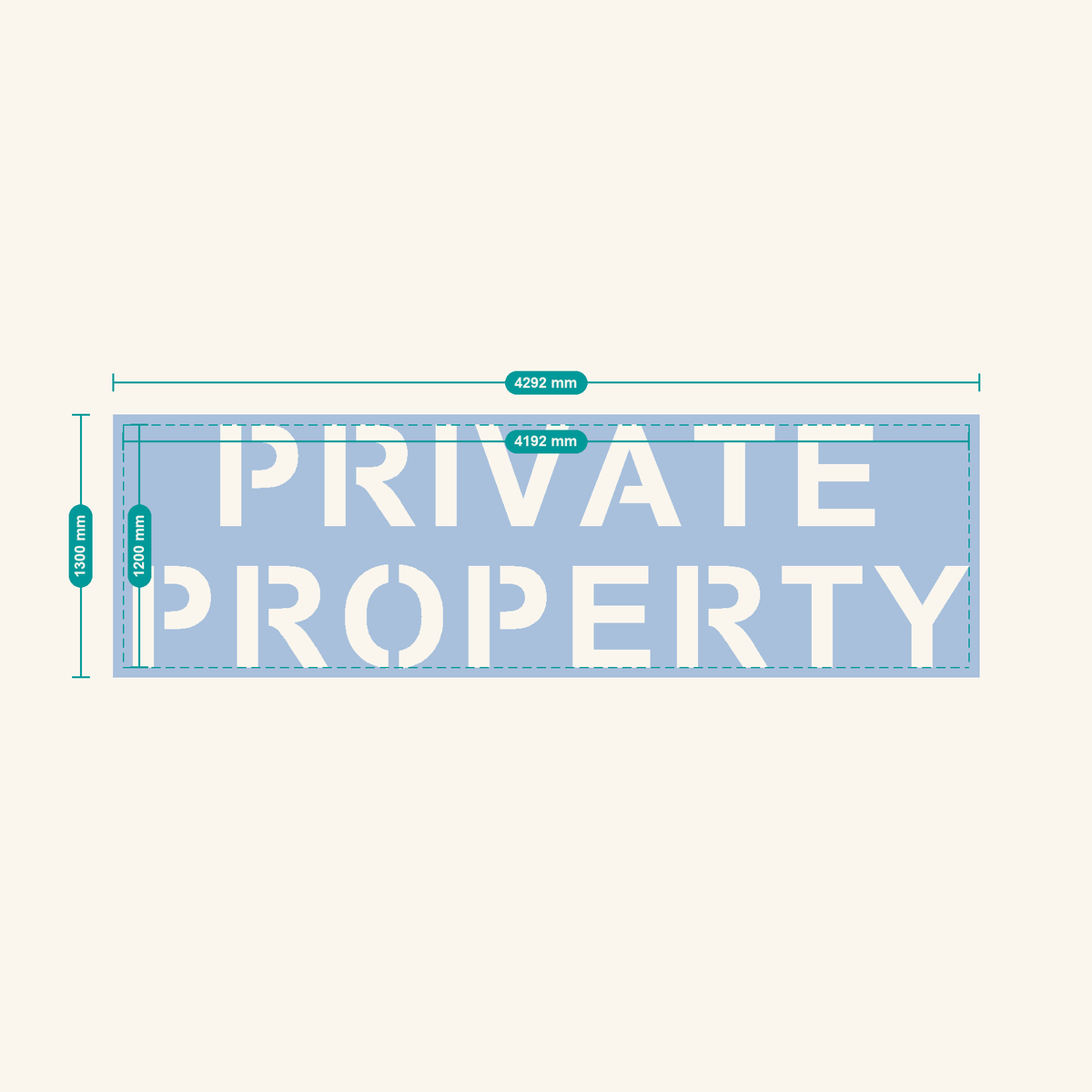 PRIVATE PROPERTY stencil, 500 mm letters — finished sheet 4292 × 1300 mm