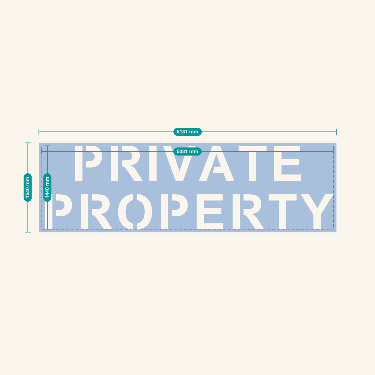 PRIVATE PROPERTY stencil, 600 mm letters — finished sheet 5131 × 1540 mm