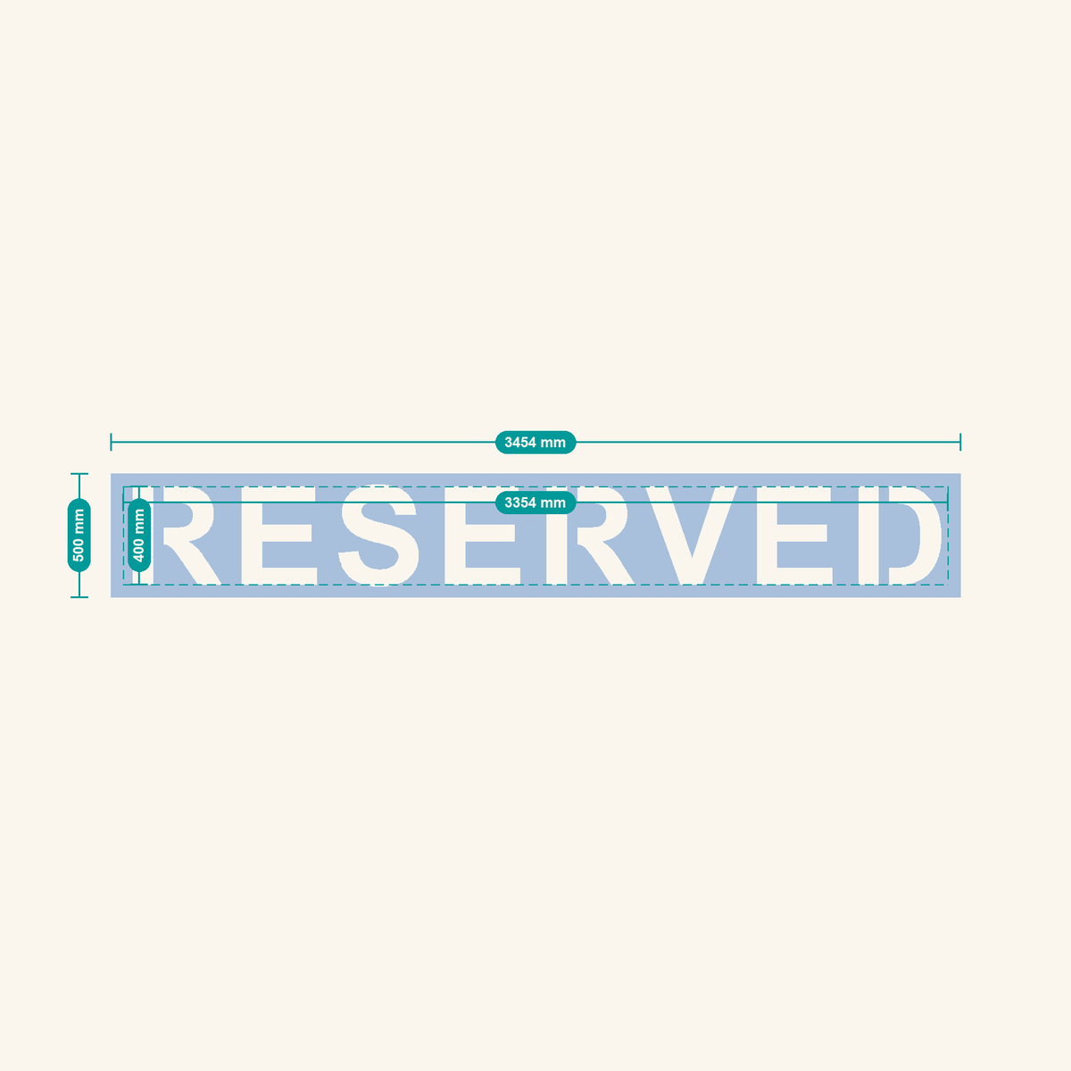 RESERVED stencil, 400 mm letters — finished sheet 3454 × 500 mm