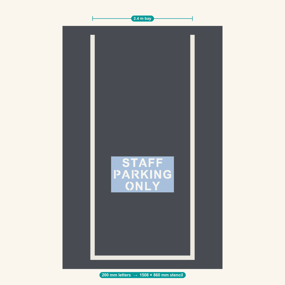 STAFF PARKING ONLY stencil at 200 mm letters shown to scale in a standard 2.4 m car park bay