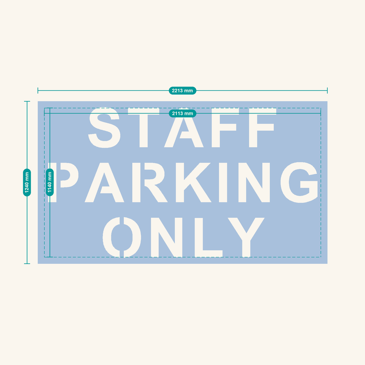 STAFF PARKING ONLY stencil, 300 mm letters — finished sheet 2213 × 1240 mm