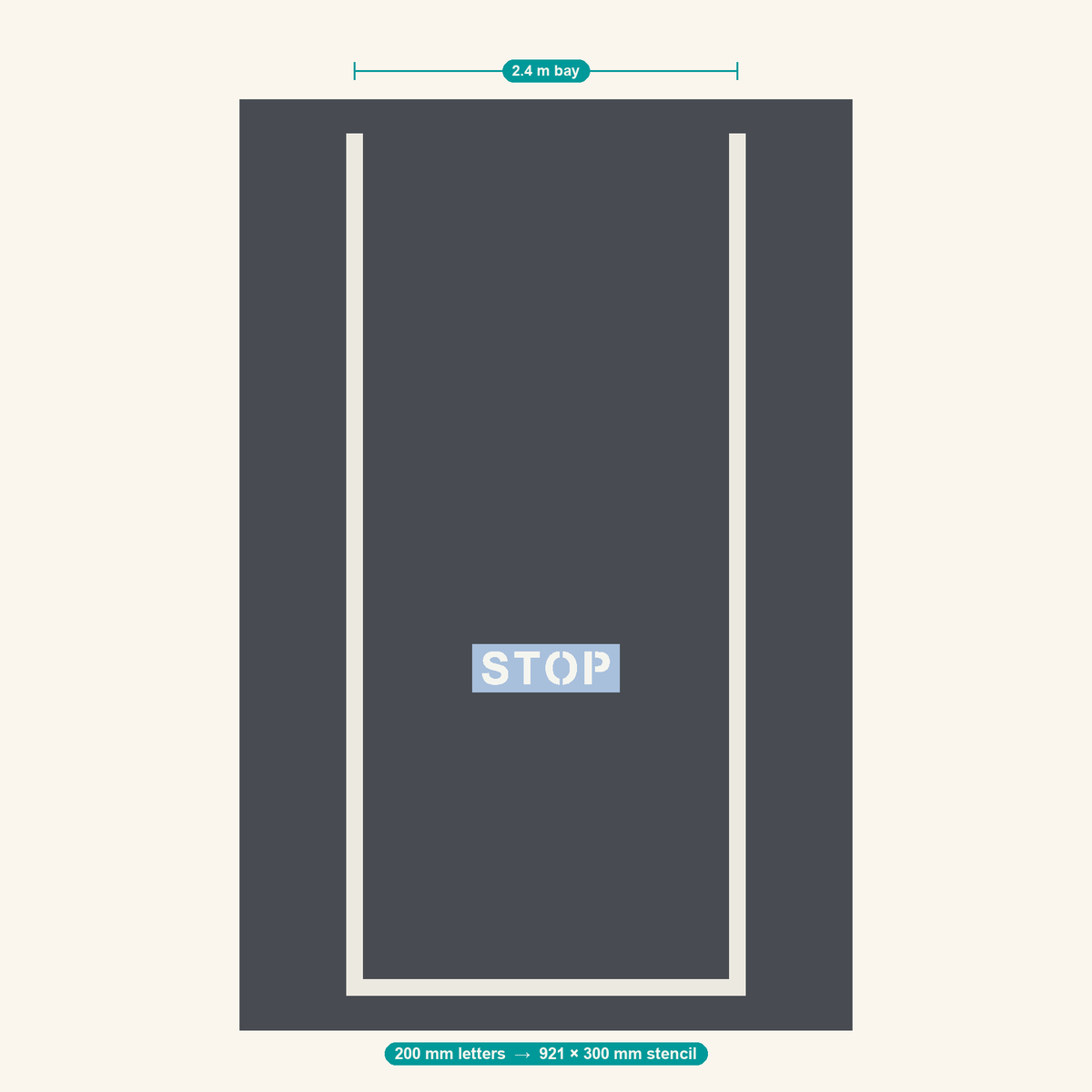 STOP stencil at 200 mm letters shown to scale in a standard 2.4 m car park bay