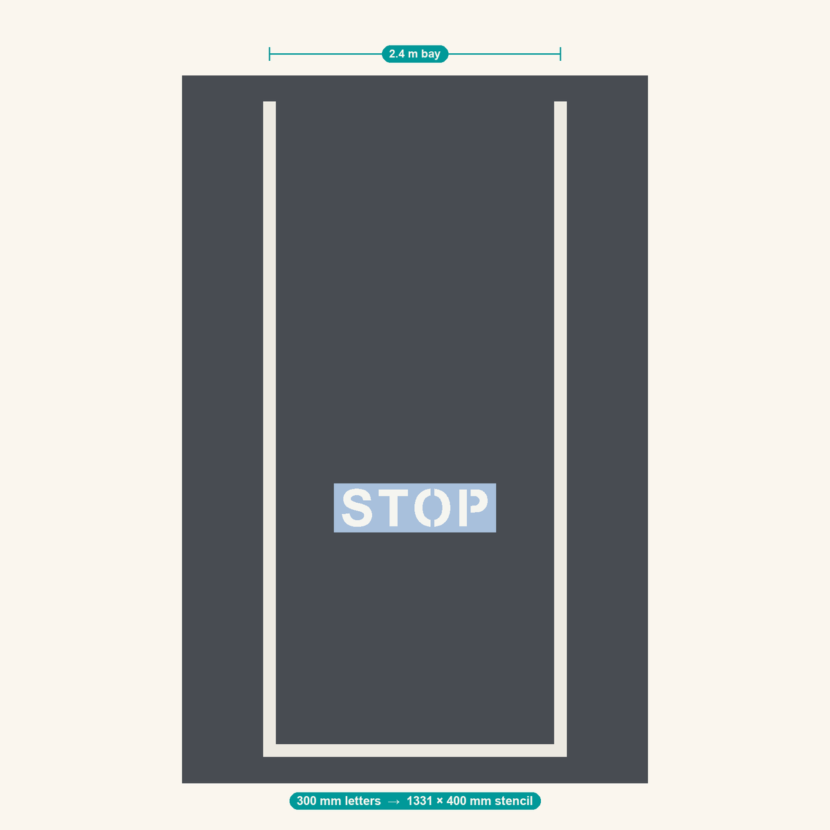 STOP stencil at 300 mm letters shown to scale in a standard 2.4 m car park bay