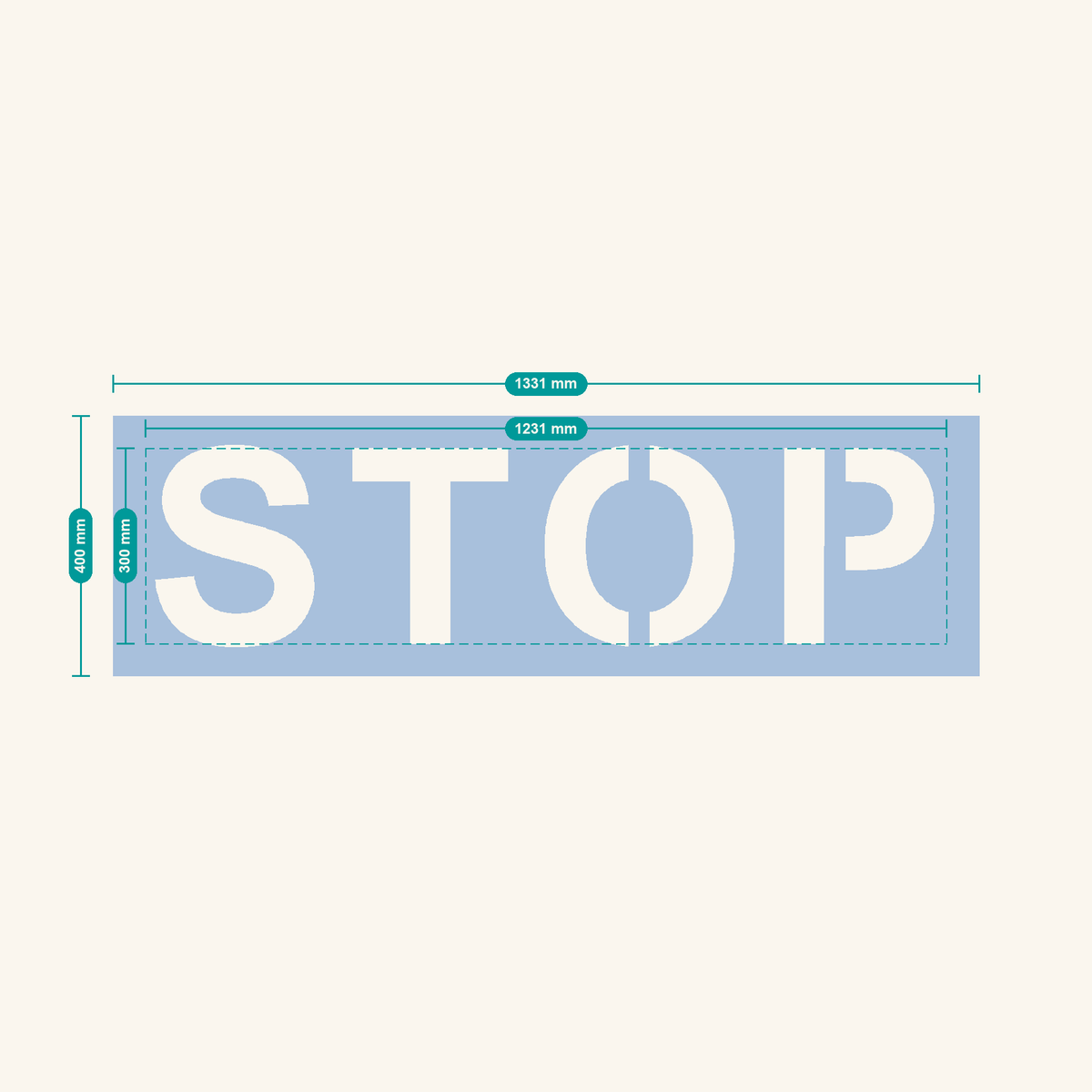 STOP stencil, 300 mm letters — finished sheet 1331 × 400 mm