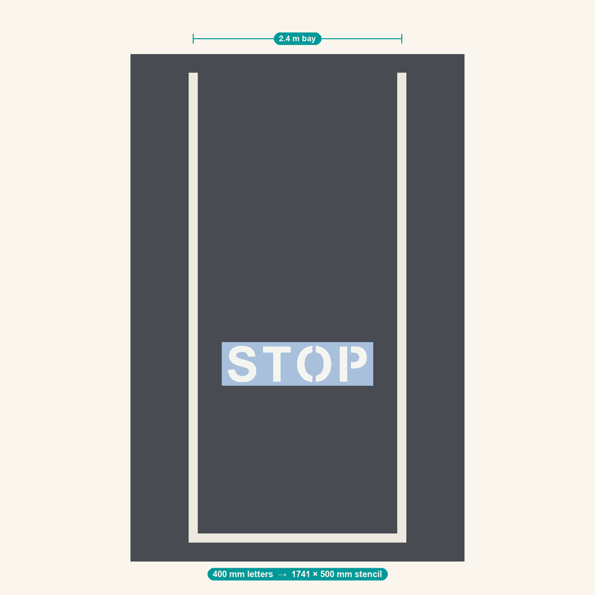 STOP stencil at 400 mm letters shown to scale in a standard 2.4 m car park bay