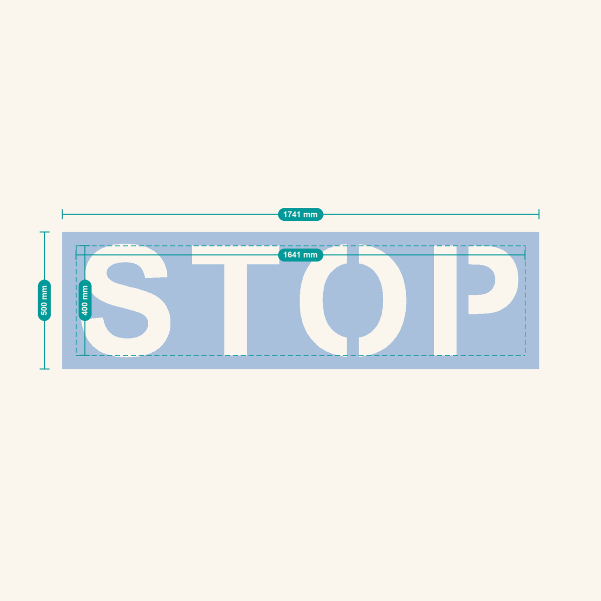 STOP stencil, 400 mm letters — finished sheet 1741 × 500 mm