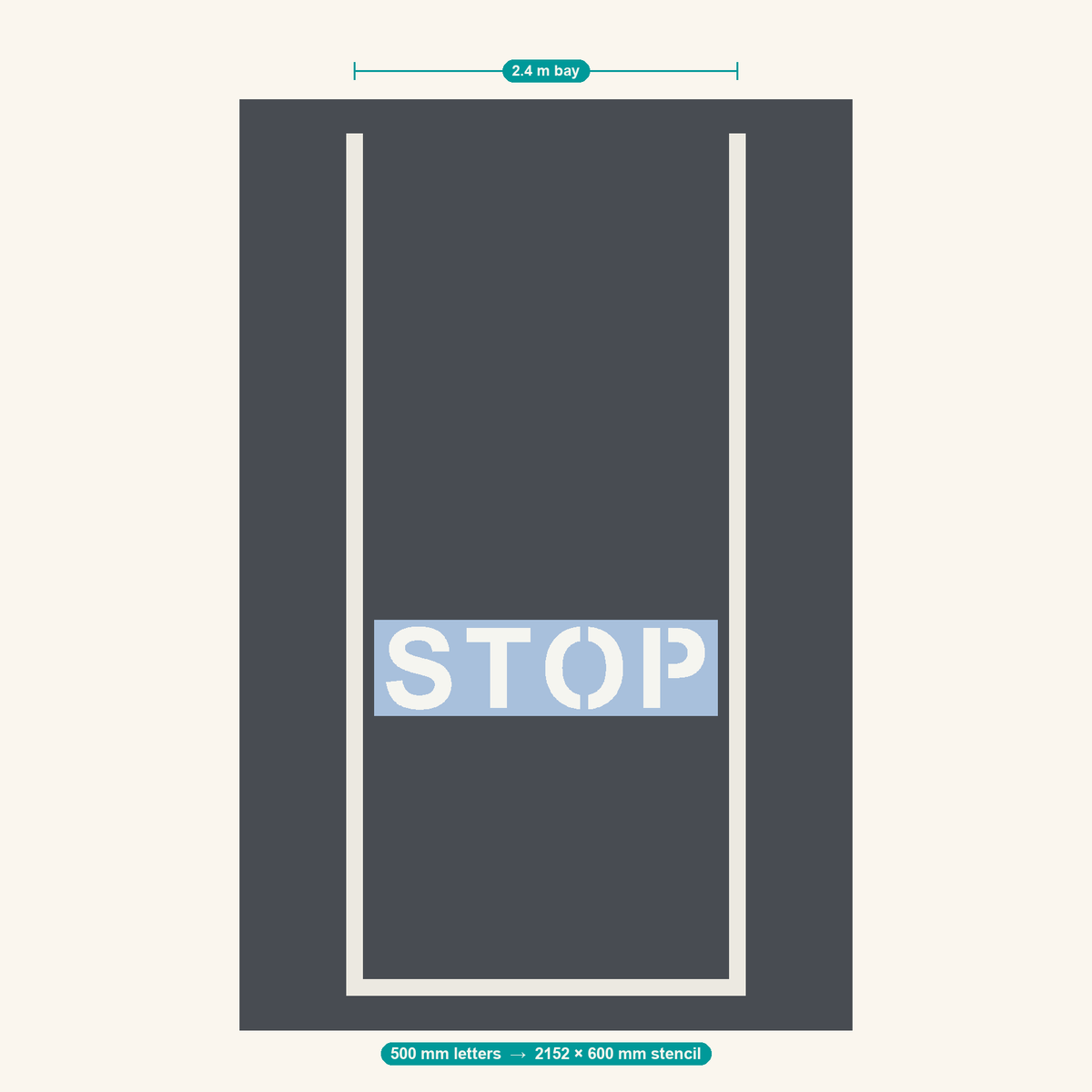 STOP stencil at 500 mm letters shown to scale in a standard 2.4 m car park bay