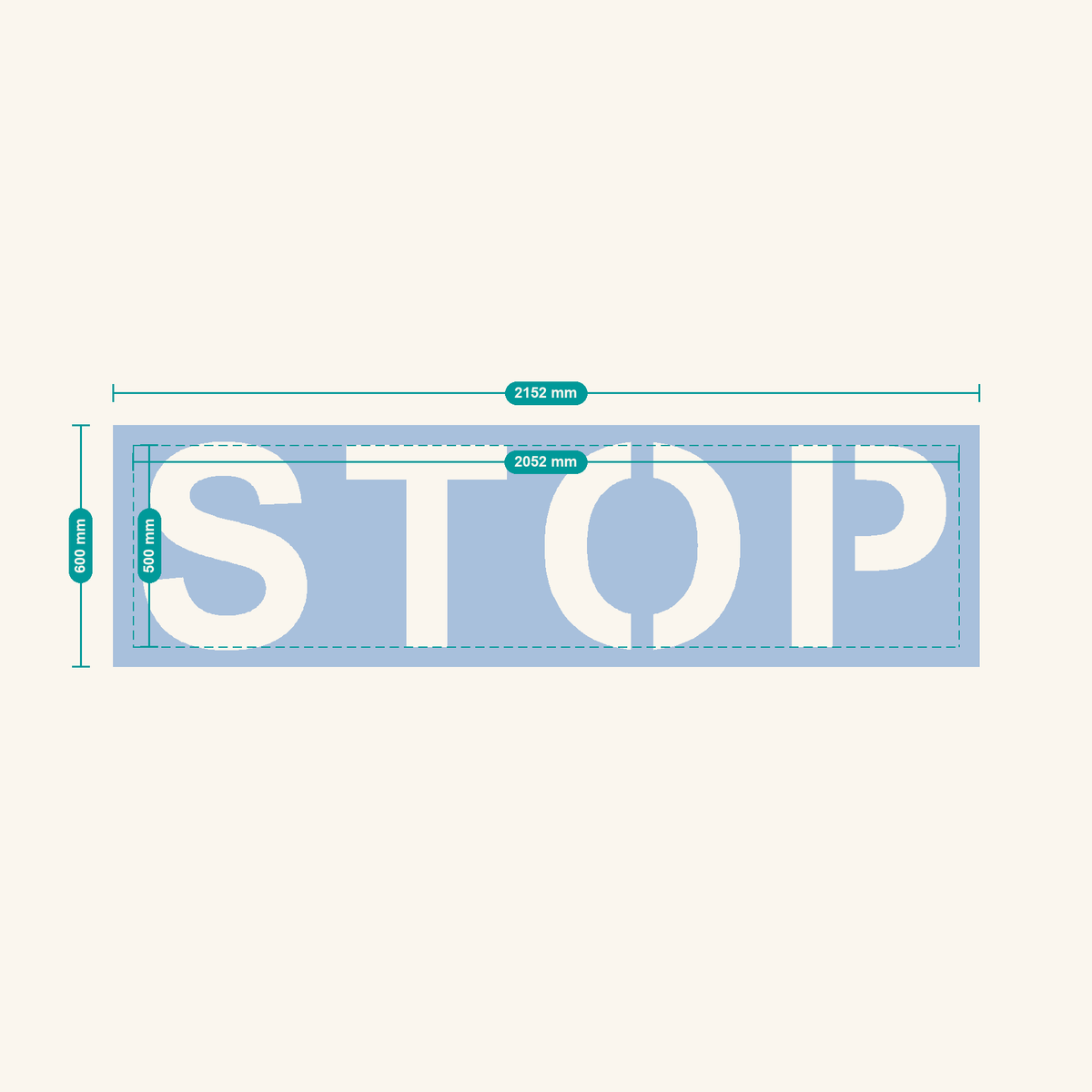 STOP stencil, 500 mm letters — finished sheet 2152 × 600 mm