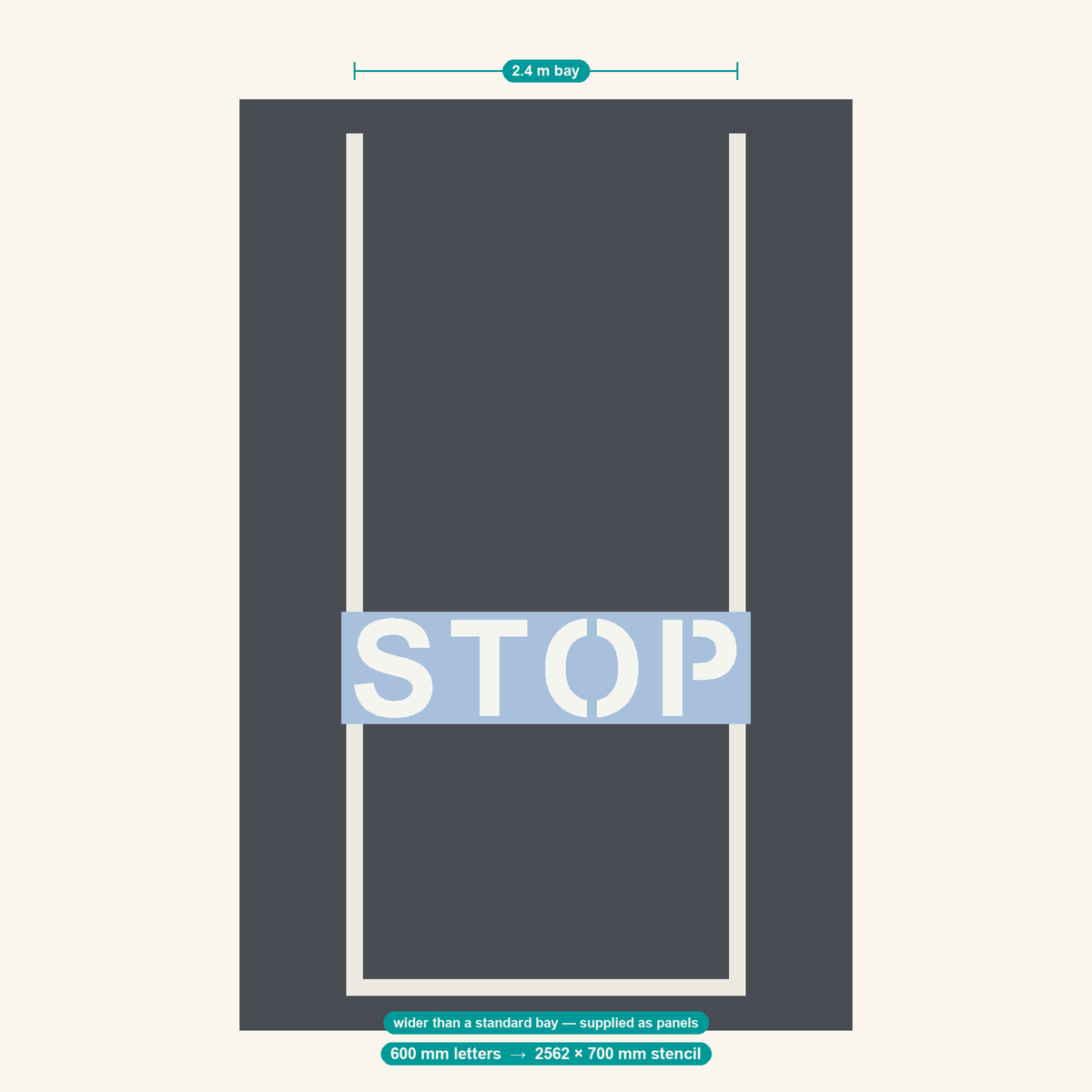 STOP stencil at 600 mm letters shown to scale in a standard 2.4 m car park bay