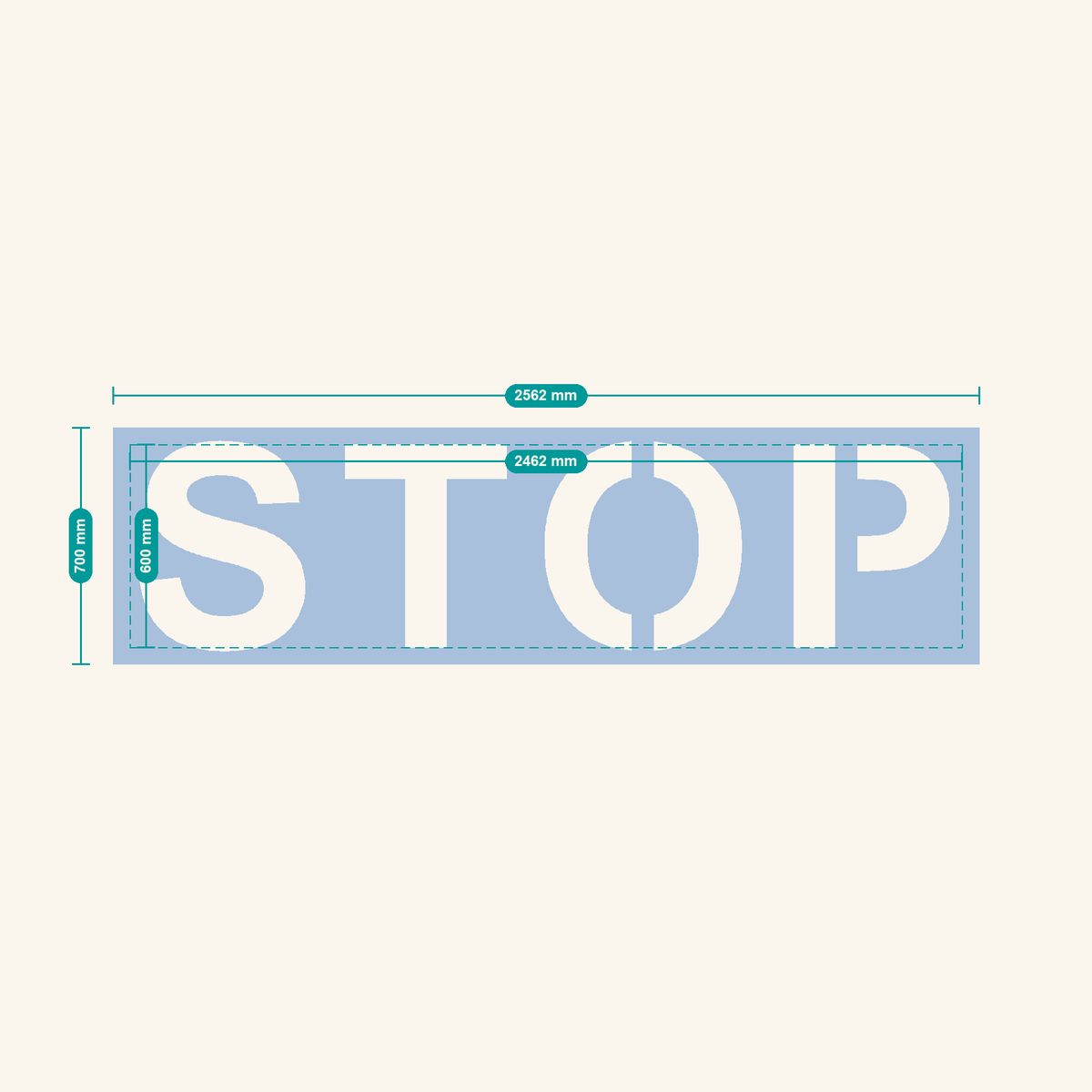 STOP stencil, 600 mm letters — finished sheet 2562 × 700 mm