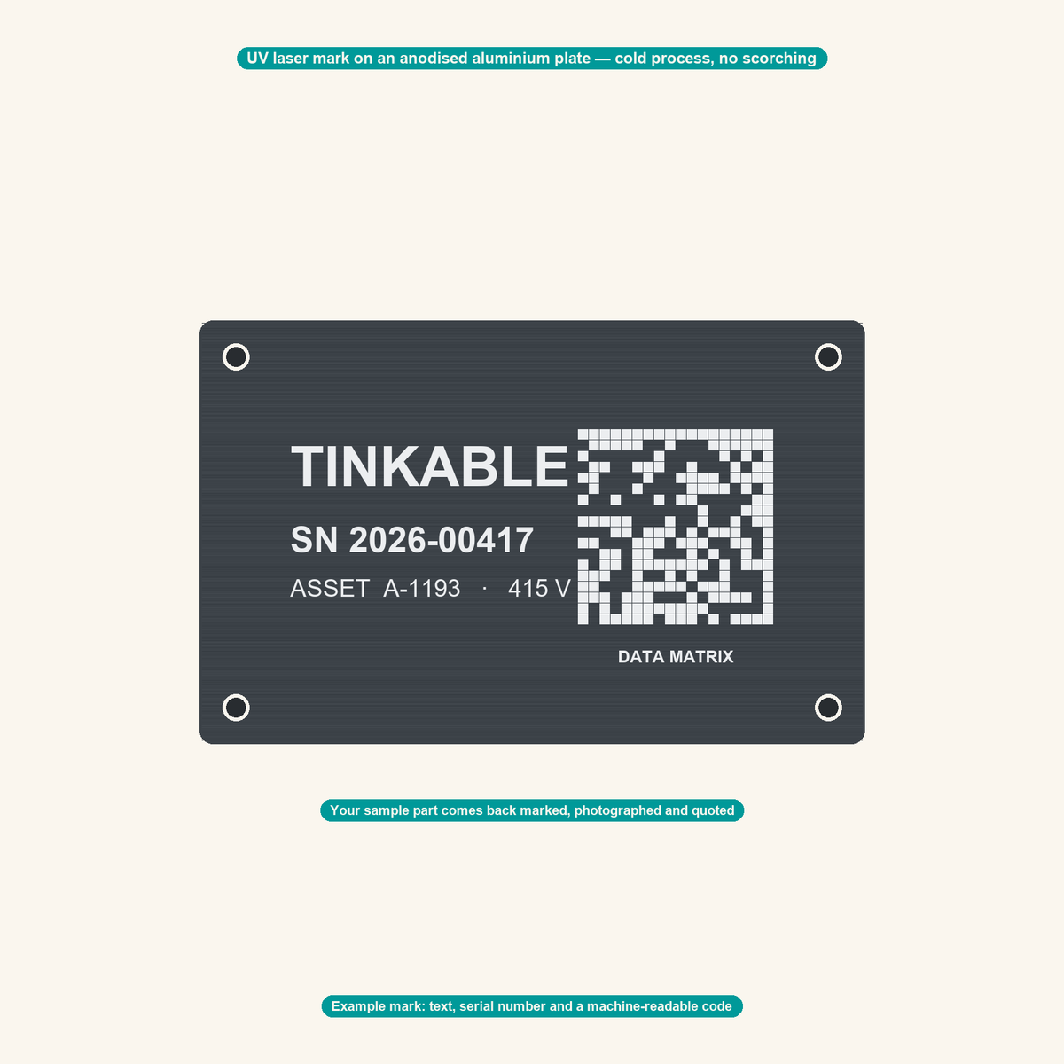 UV laser marking on anodised aluminium — example text, serial number and data-matrix mark