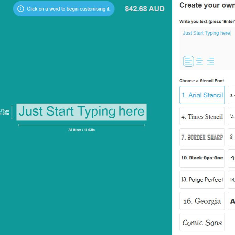 Custom stencil design tool enabling free text entry, switching between fonts and automatic pricing
