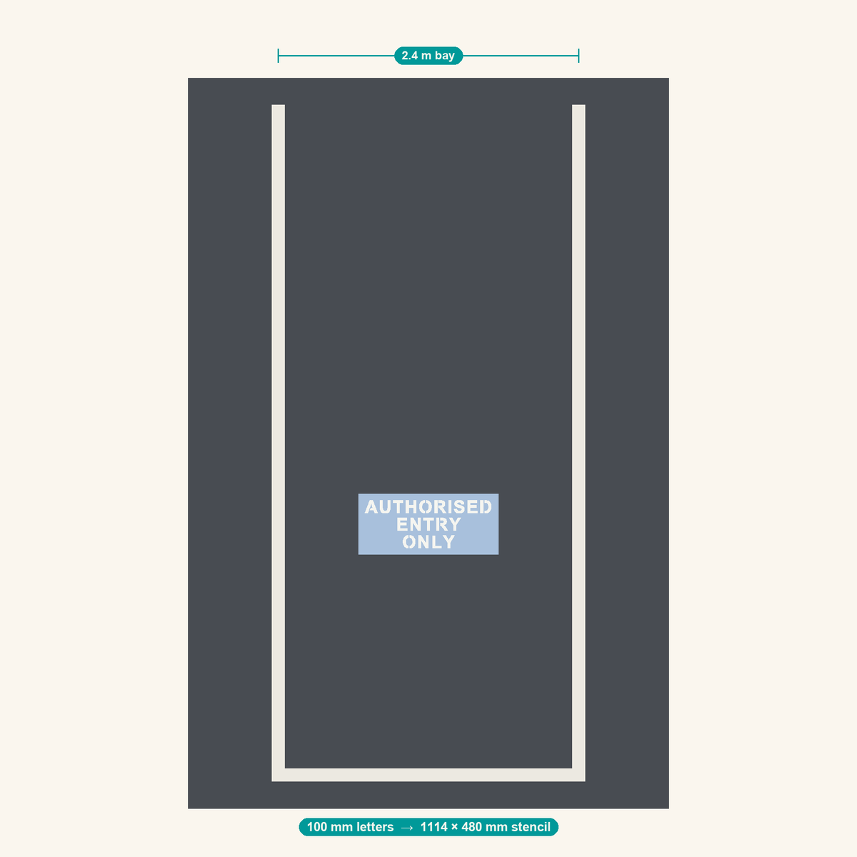 AUTHORISED ENTRY ONLY stencil at 100 mm letters shown to scale in a standard 2.4 m car park bay
