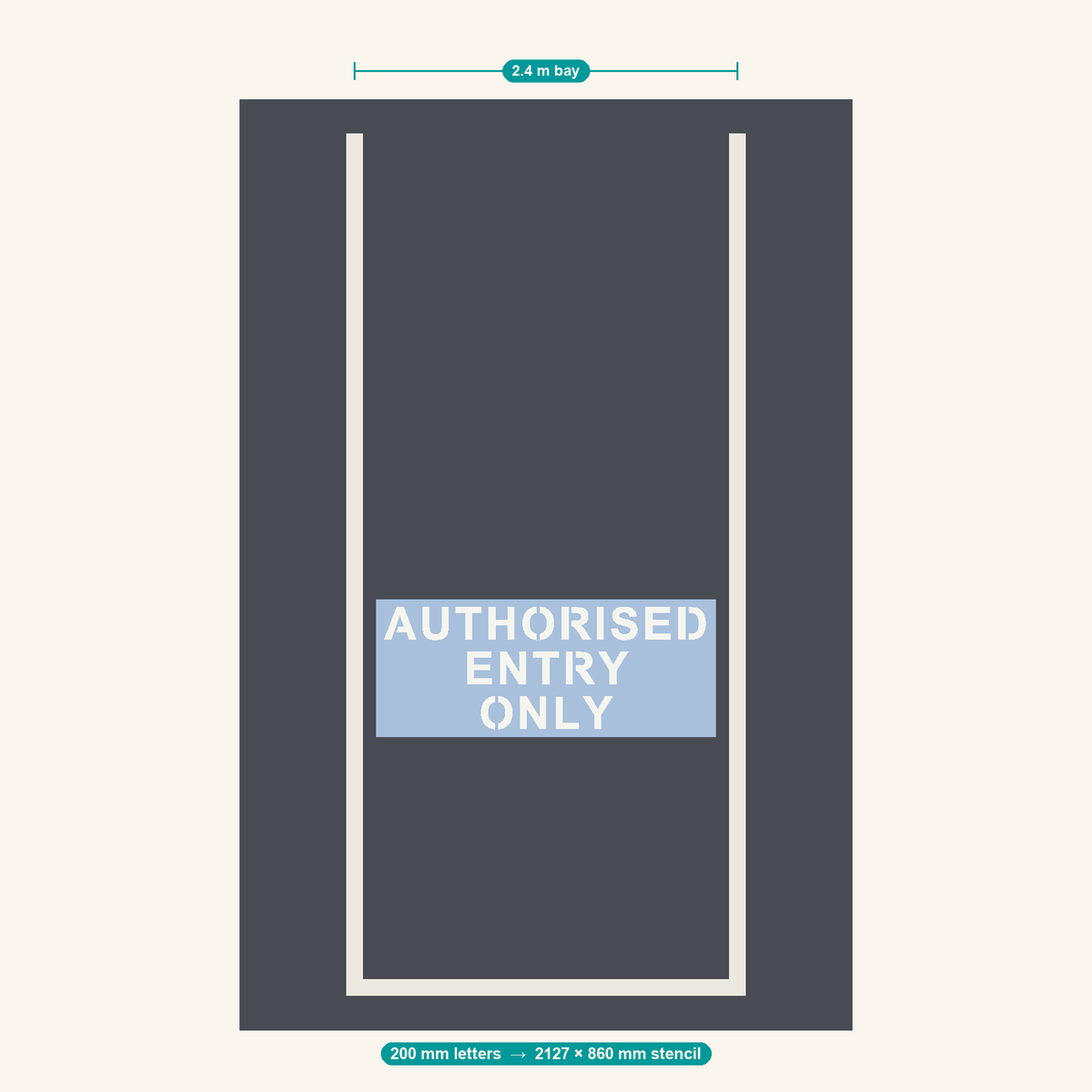 AUTHORISED ENTRY ONLY stencil at 200 mm letters shown to scale in a standard 2.4 m car park bay