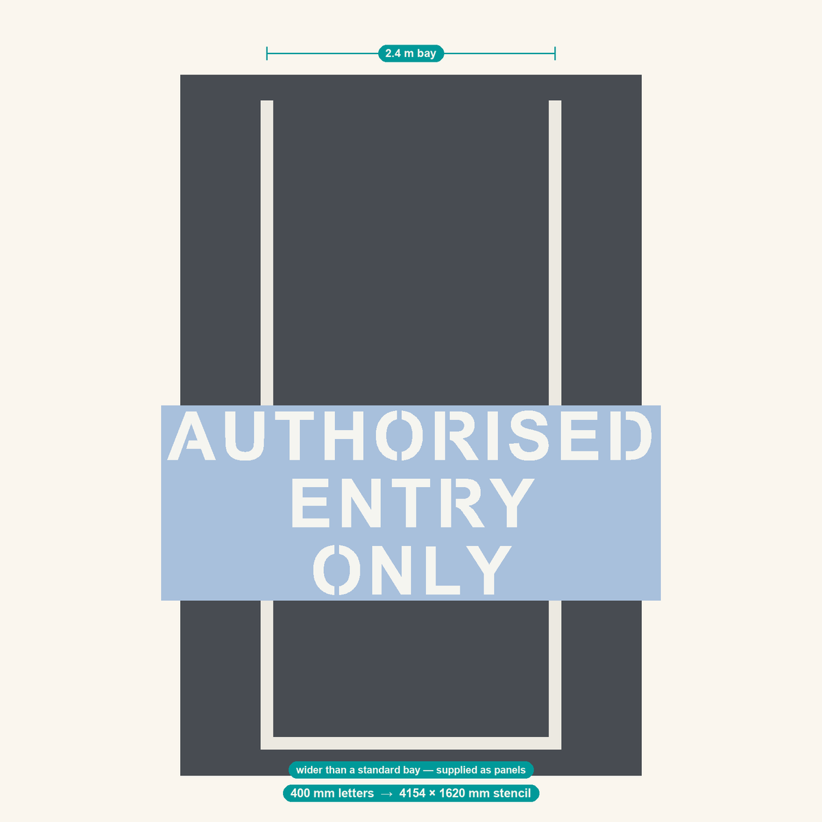 AUTHORISED ENTRY ONLY stencil at 400 mm letters shown to scale in a standard 2.4 m car park bay