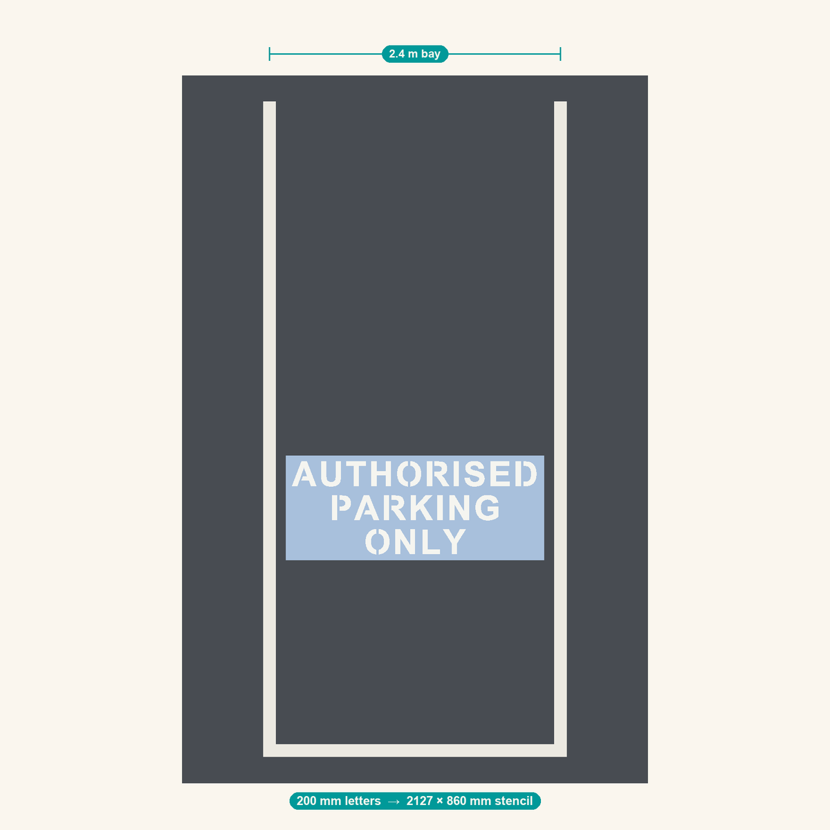 AUTHORISED PARKING ONLY stencil at 200 mm letters shown to scale in a standard 2.4 m car park bay