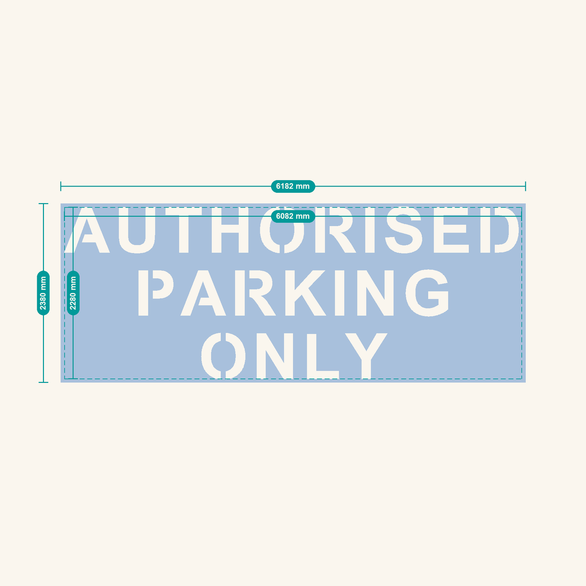 AUTHORISED PARKING ONLY stencil, 600 mm letters — finished sheet 6182 × 2380 mm