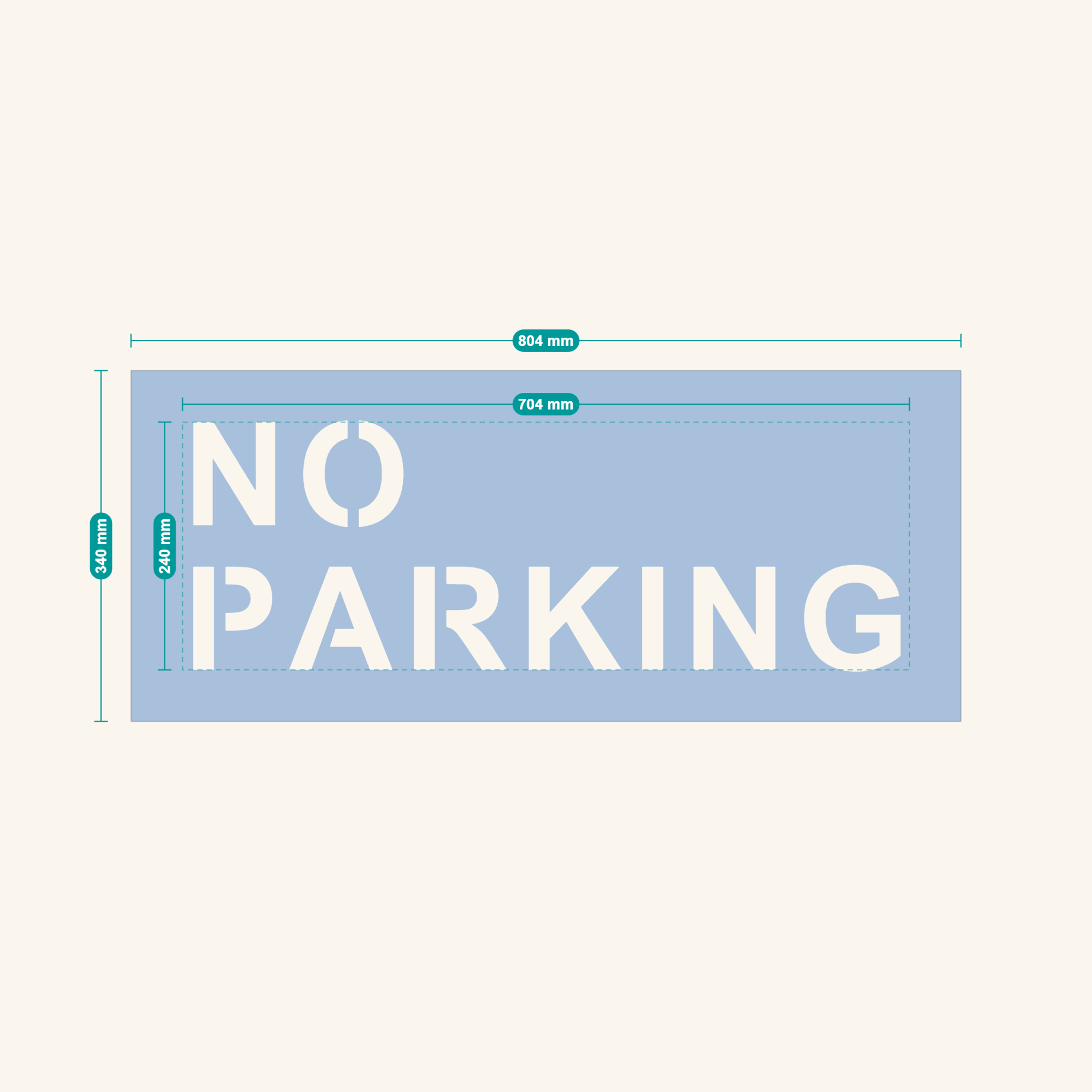Custom text stencil — NO PARKING in 100 mm capitals with dimensioned proof