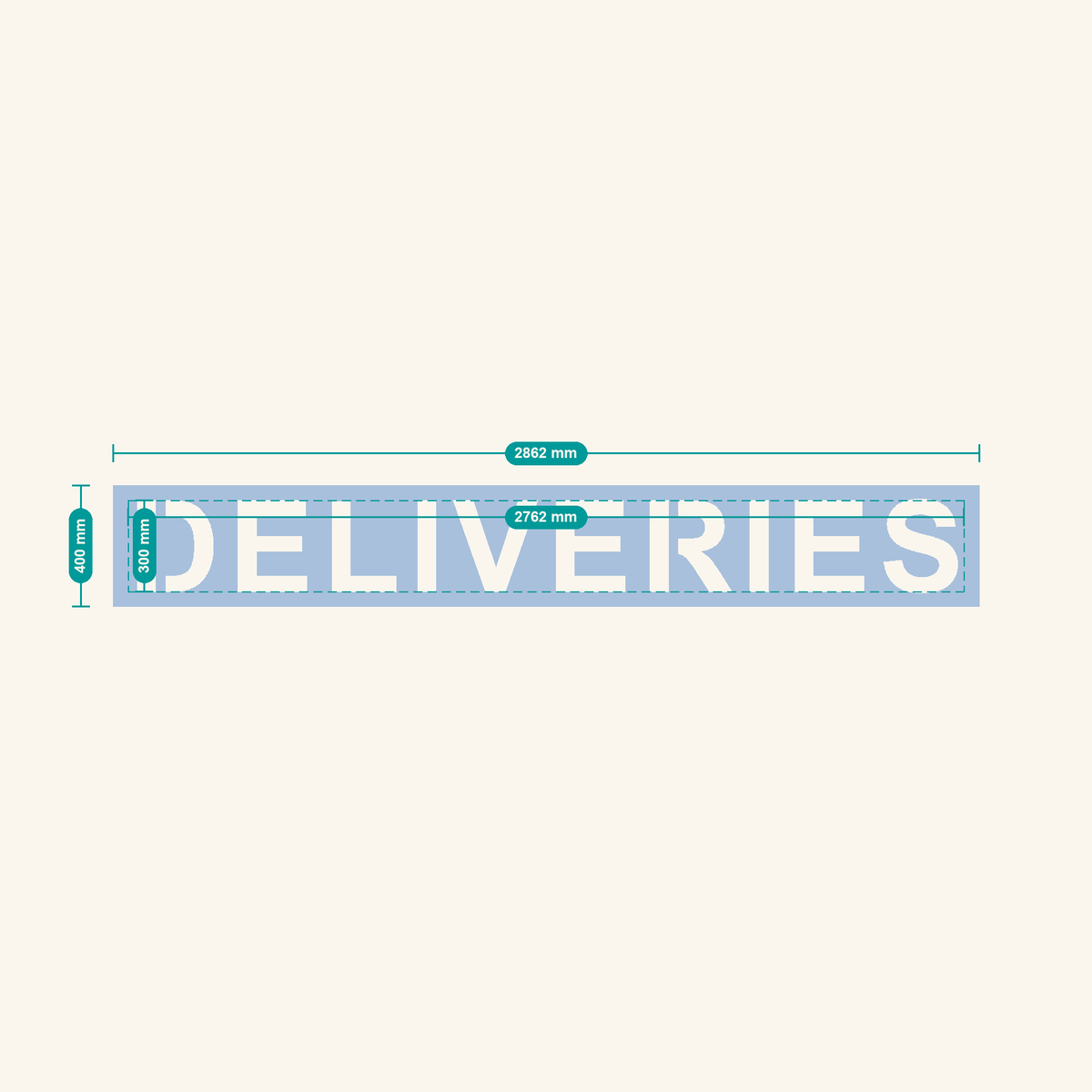 DELIVERIES stencil, 300 mm letters — finished sheet 2862 × 400 mm