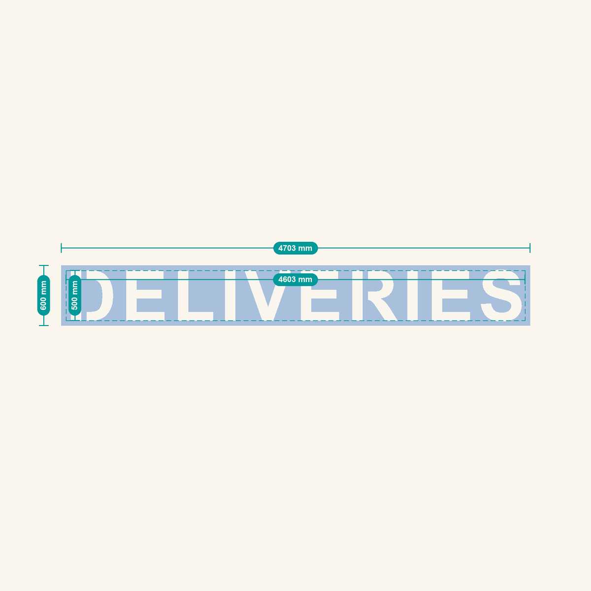 DELIVERIES stencil, 500 mm letters — finished sheet 4703 × 600 mm