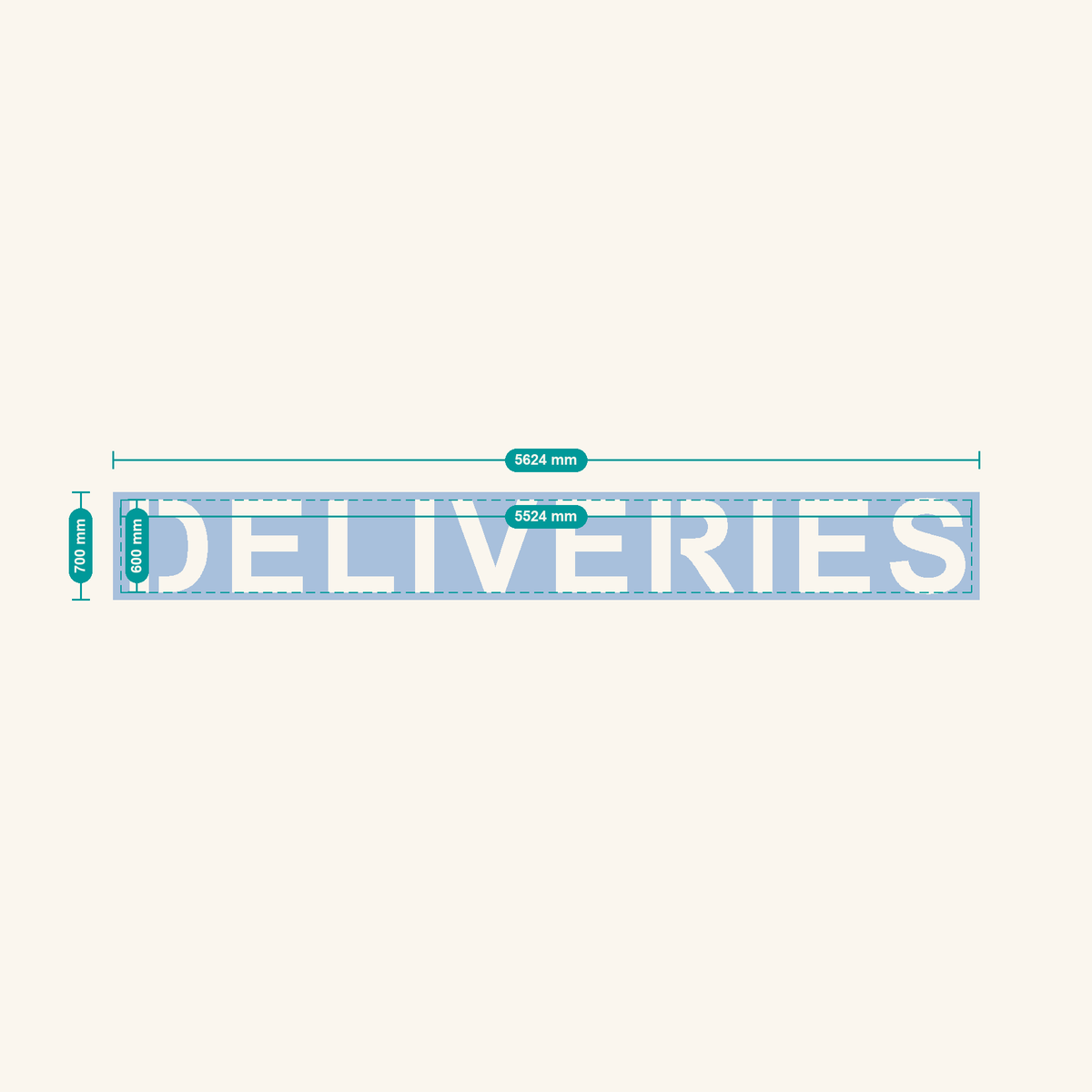 DELIVERIES stencil, 600 mm letters — finished sheet 5624 × 700 mm