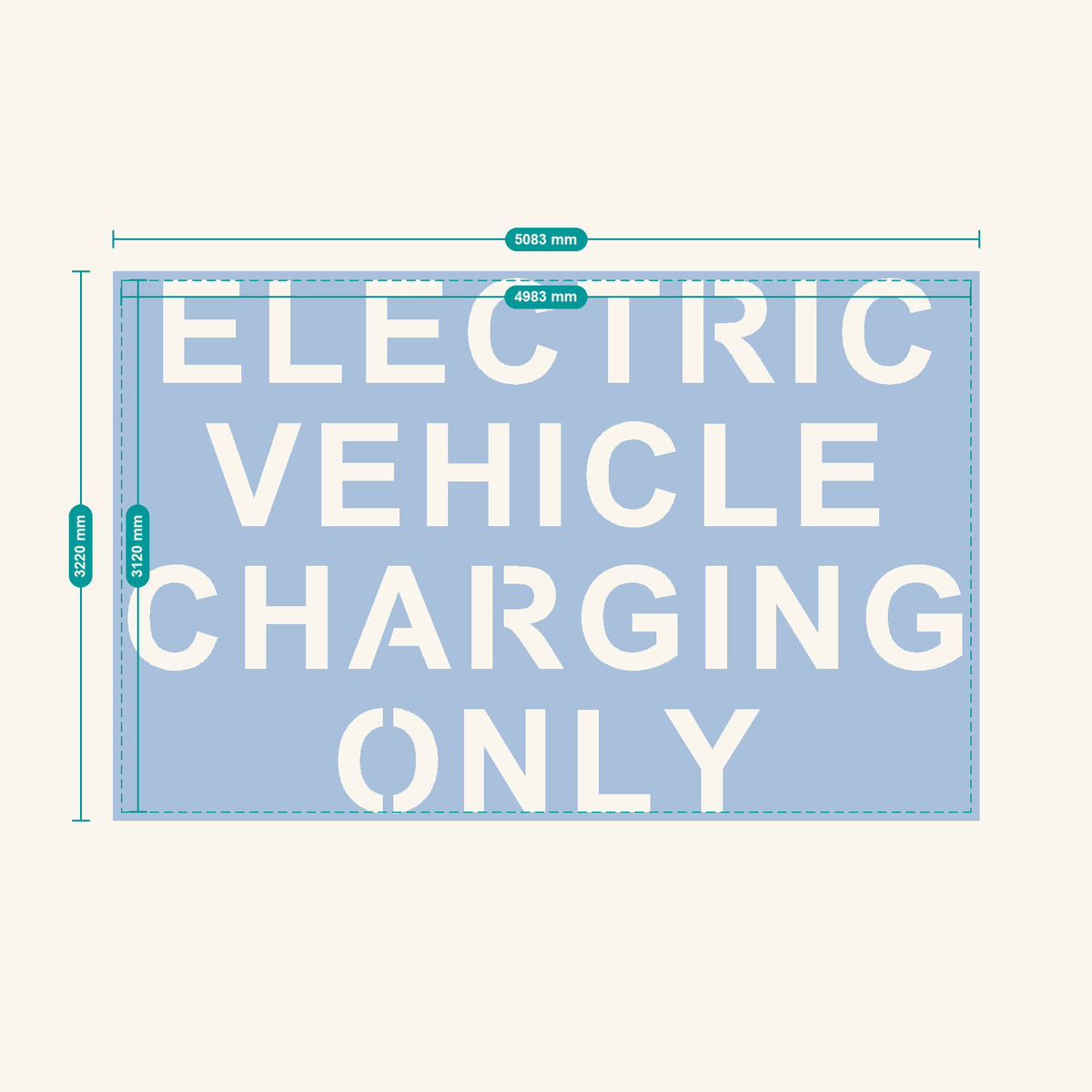 ELECTRIC VEHICLE CHARGING ONLY stencil, 600 mm letters — finished sheet 5083 × 3220 mm