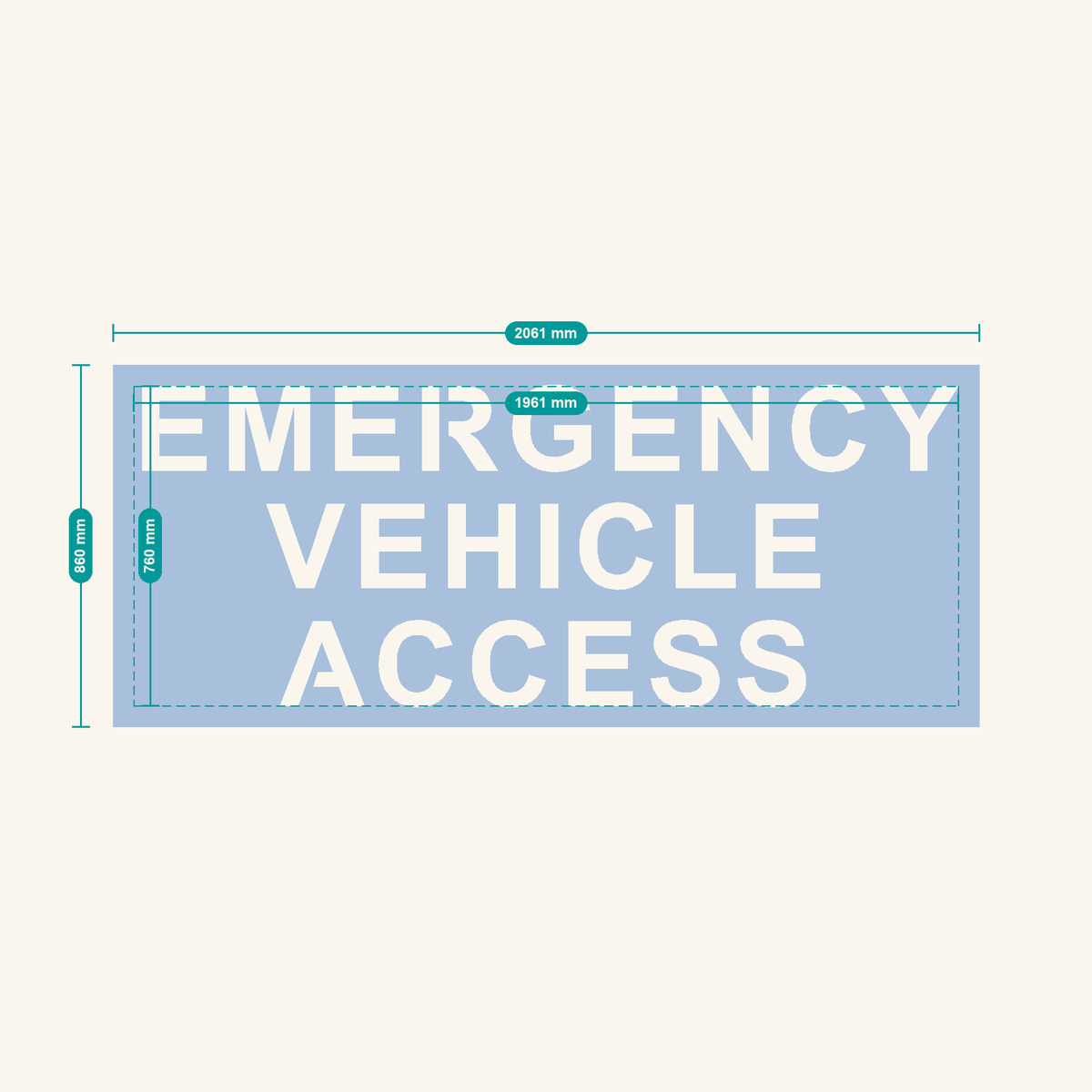 EMERGENCY VEHICLE ACCESS stencil, 200 mm letters — finished sheet 2061 × 860 mm