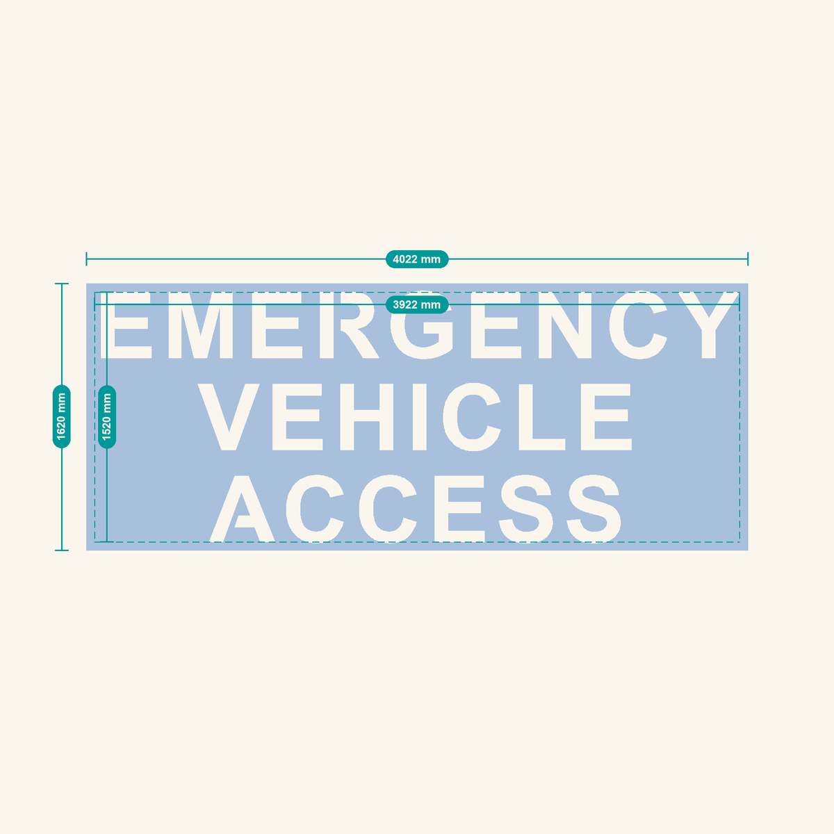 EMERGENCY VEHICLE ACCESS stencil, 400 mm letters — finished sheet 4022 × 1620 mm