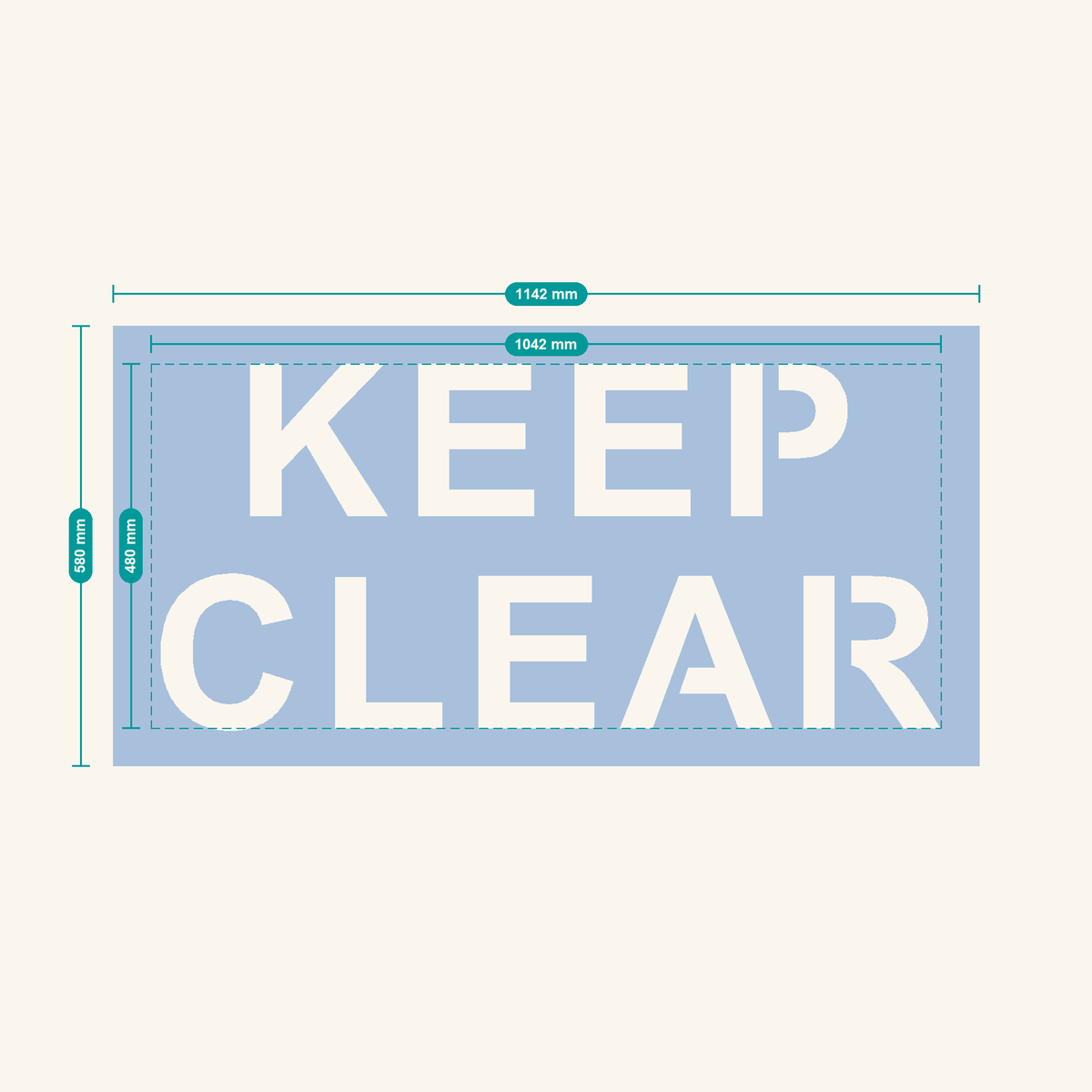 KEEP CLEAR stencil, 200 mm letters — finished sheet 1142 × 580 mm