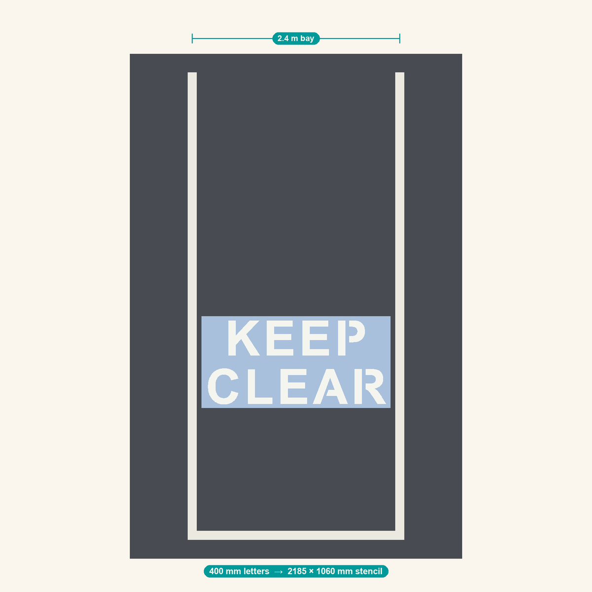 KEEP CLEAR stencil at 400 mm letters shown to scale in a standard 2.4 m car park bay