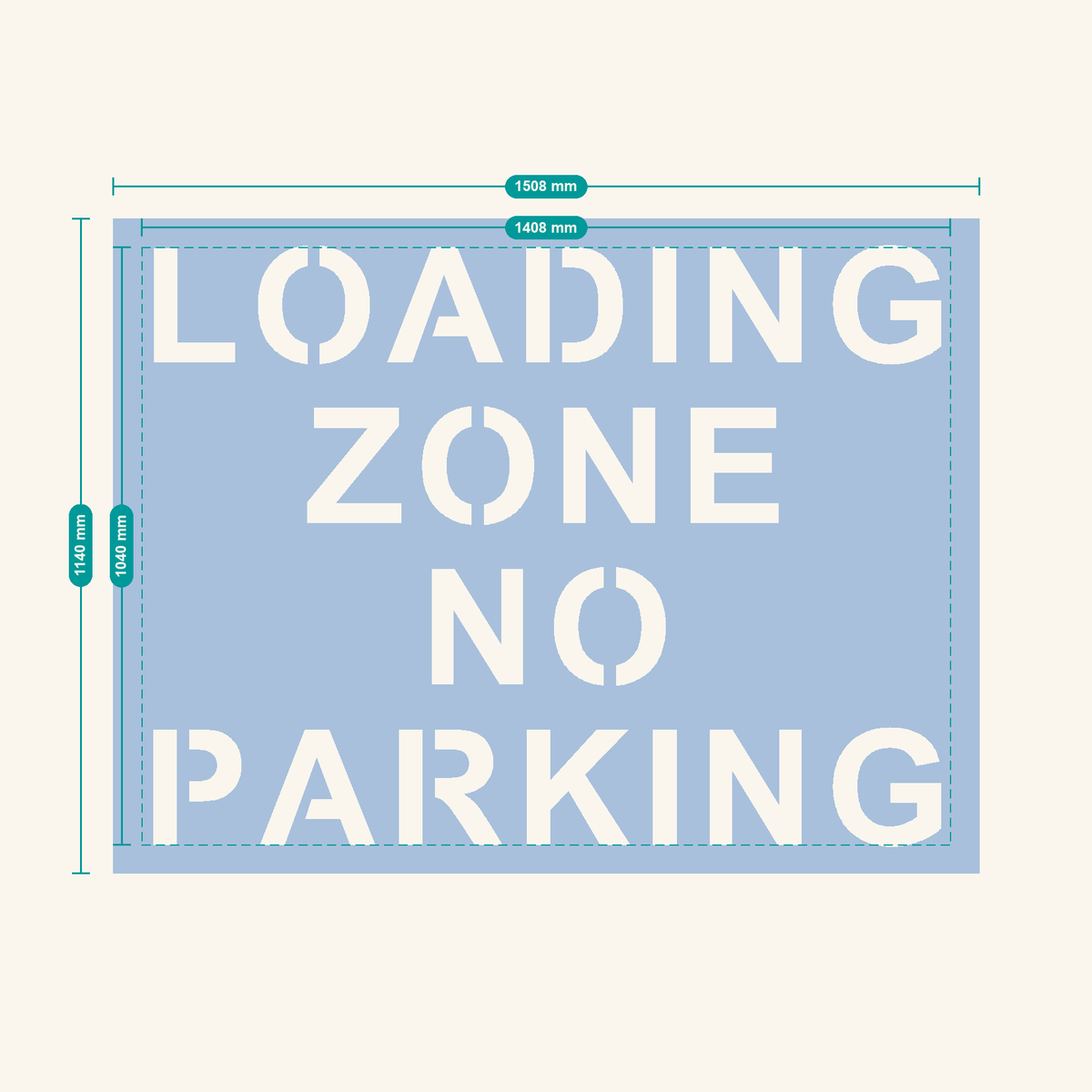 LOADING ZONE NO PARKING stencil, 200 mm letters — finished sheet 1508 × 1140 mm