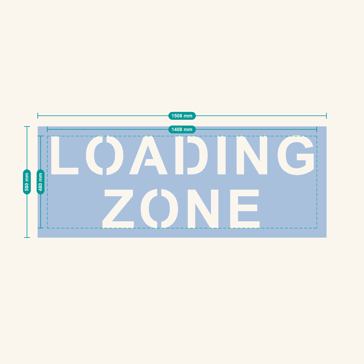 LOADING ZONE stencil, 200 mm letters — finished sheet 1508 × 580 mm