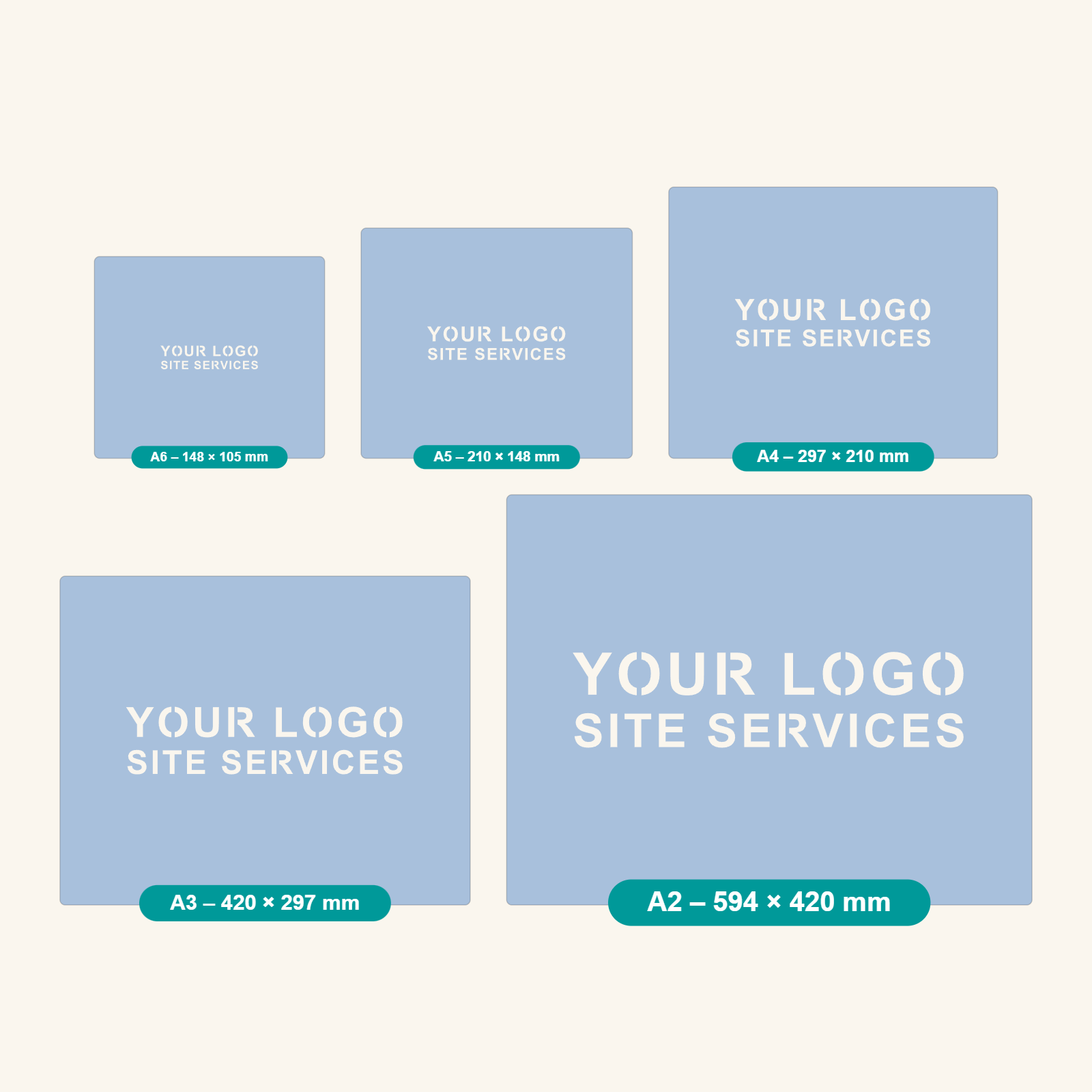 Full height marking stencils, full A6 to A2 design areas, with two-line sample logo