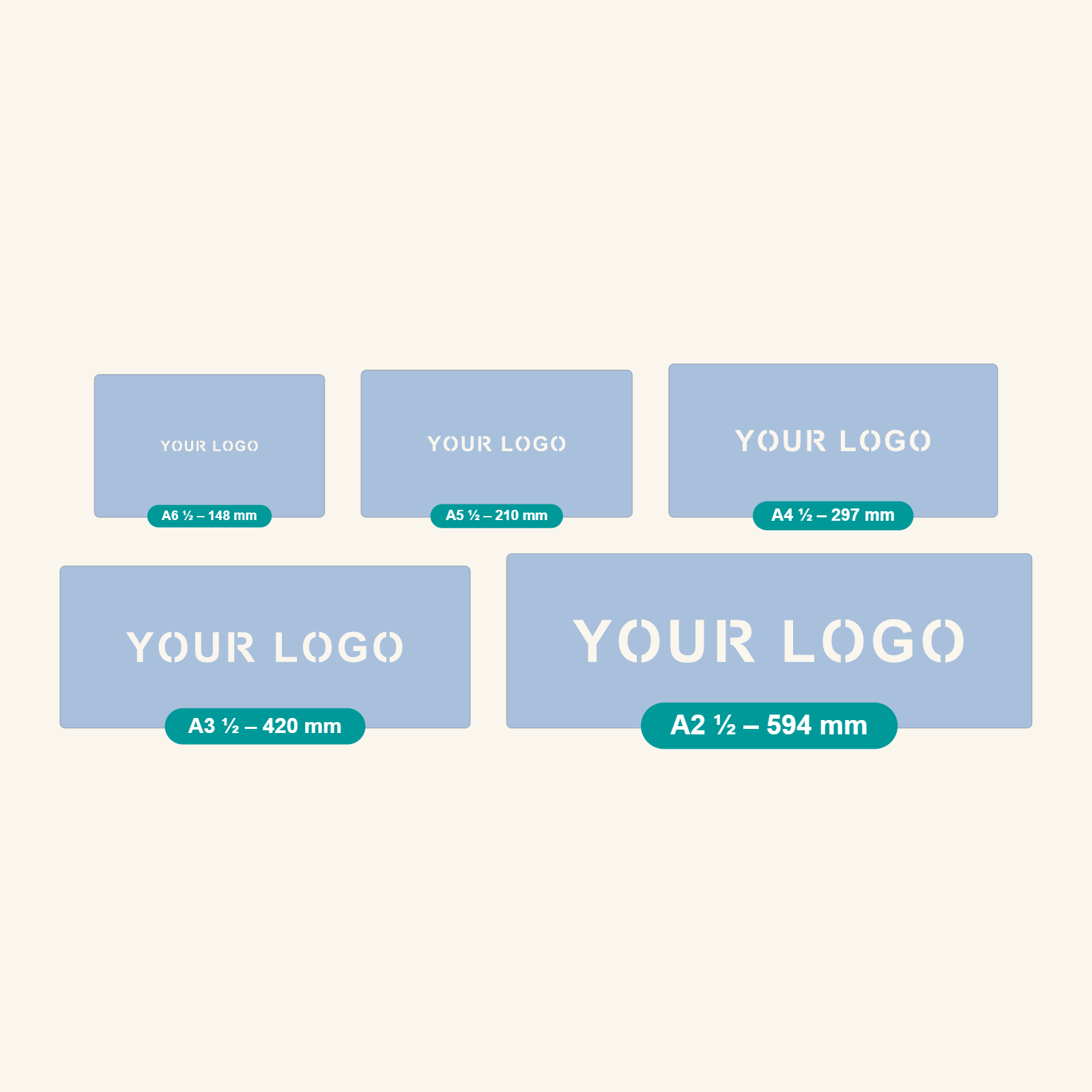 Custom logo marking stencils in five sizes, A6 half to A2 half, with sample YOUR LOGO design