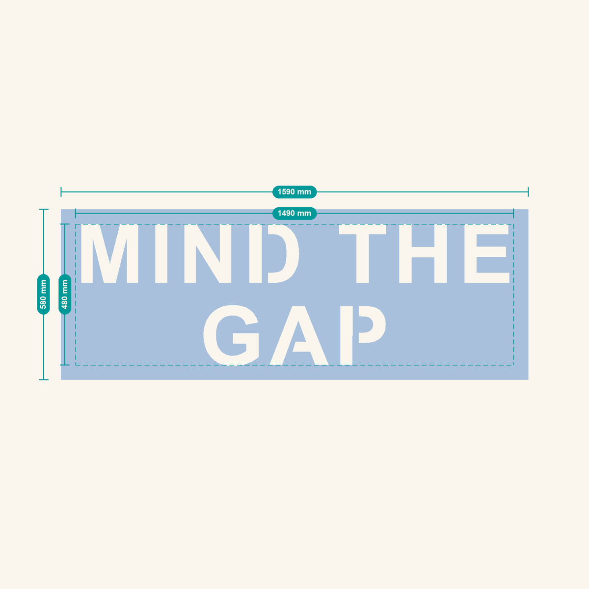 MIND THE GAP stencil, 200 mm letters — finished sheet 1590 × 580 mm