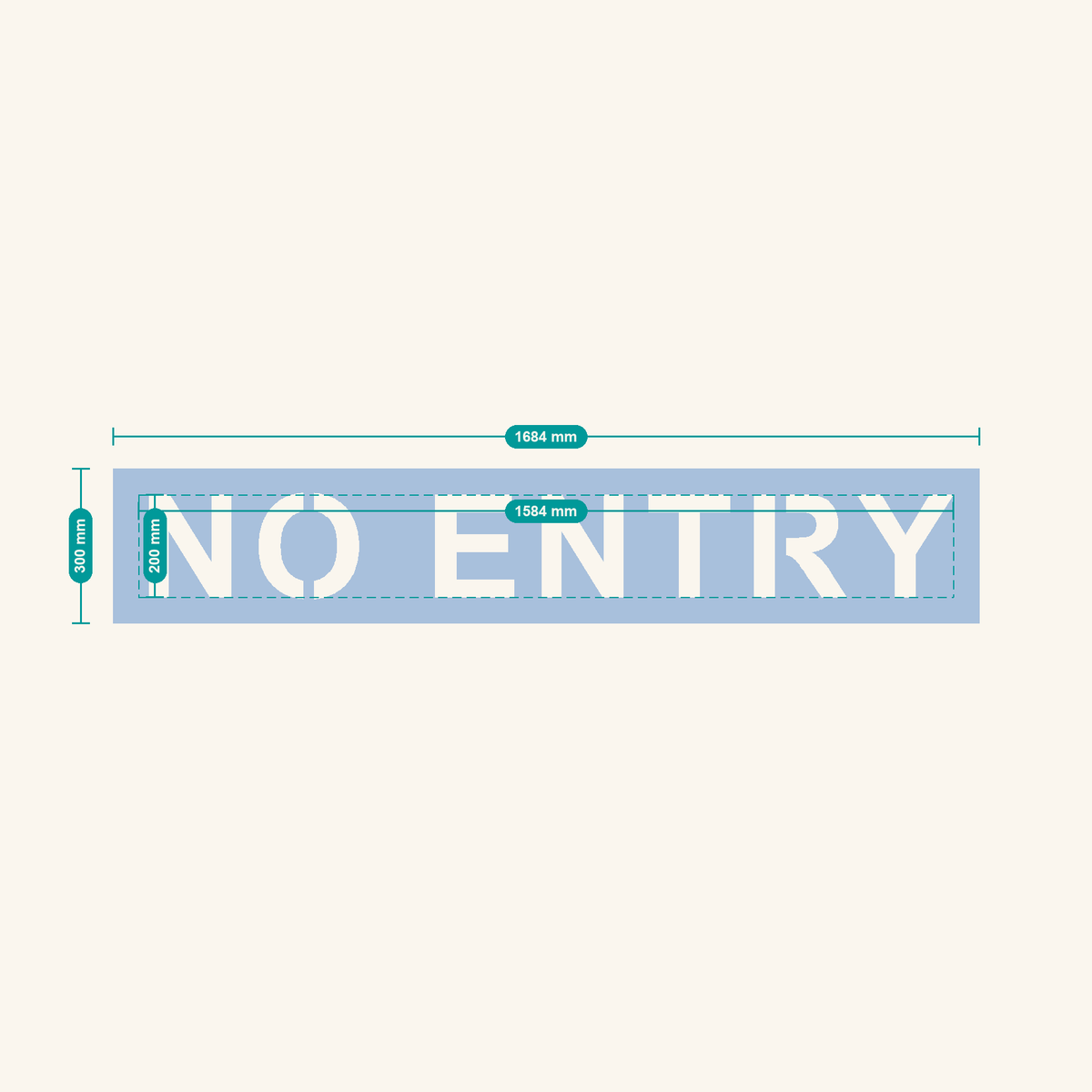 NO ENTRY stencil, 200 mm letters — finished sheet 1684 × 300 mm