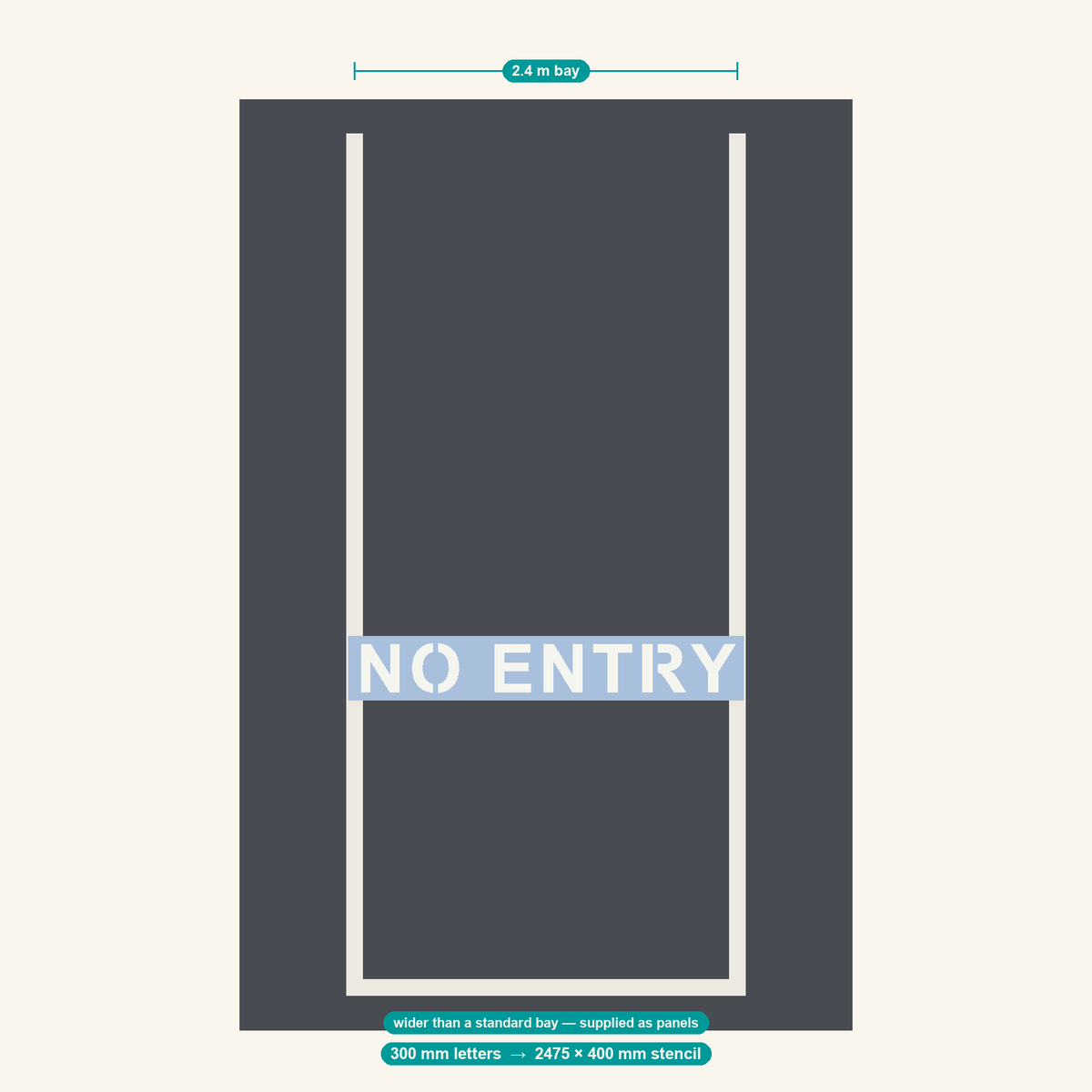 NO ENTRY stencil at 300 mm letters shown to scale in a standard 2.4 m car park bay