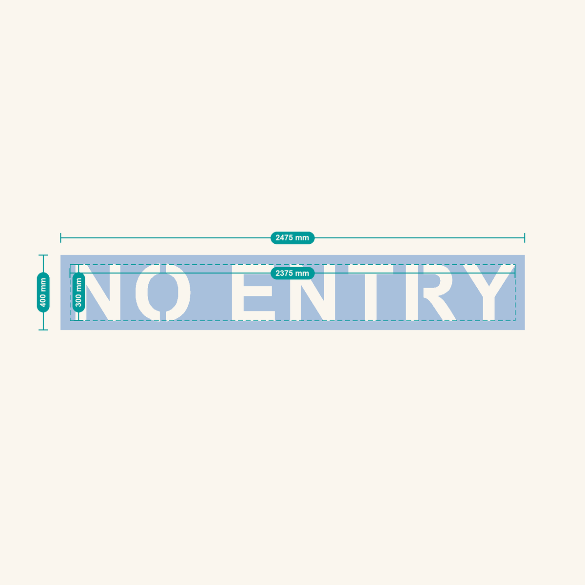 NO ENTRY stencil, 300 mm letters — finished sheet 2475 × 400 mm