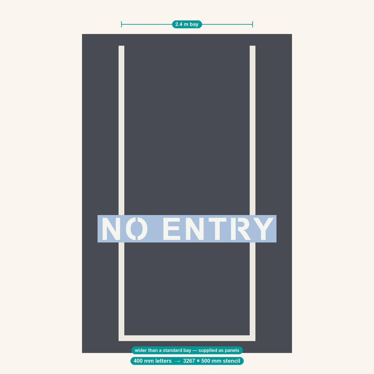NO ENTRY stencil at 400 mm letters shown to scale in a standard 2.4 m car park bay