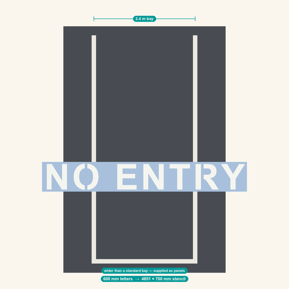 NO ENTRY stencil at 600 mm letters shown to scale in a standard 2.4 m car park bay