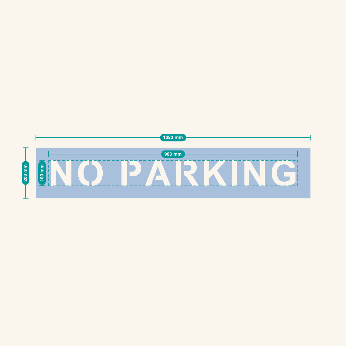 NO PARKING stencil, 100 mm letters — finished sheet 1083 × 200 mm