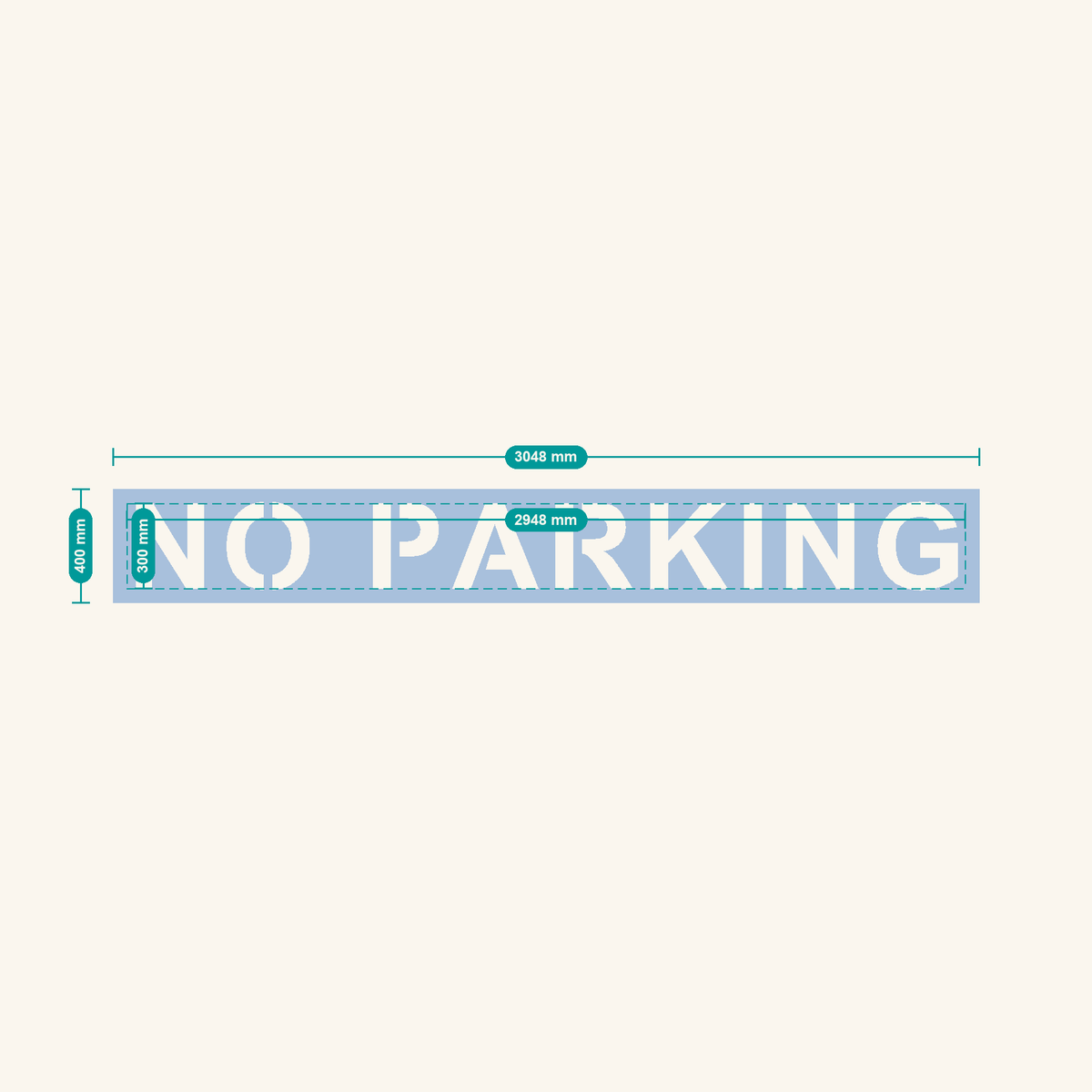 NO PARKING stencil, 300 mm letters — finished sheet 3048 × 400 mm